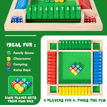Shut The Box Dice Game,8 Dice 4 Players Wooden Board Table Math Skills Game with Drop it Game Instructions for Kids Adults Easy to Learn, Family