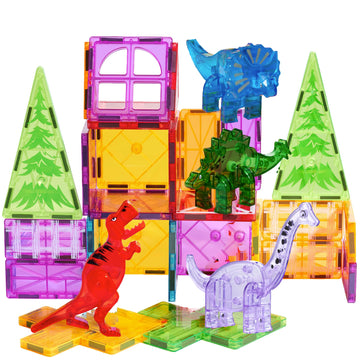 Dinoland Magnetic Tiles 32 Piece Set, Dinosaur Toys for Kids 3-5, STEM Building Blocks with Trees and Figures, Educational Construction Set for Boys