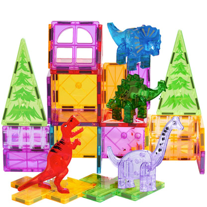 Dinoland Magnetic Tiles 32 Piece Set, Dinosaur Toys for Kids 3-5, STEM Building Blocks with Trees and Figures, Educational Construction Set for Boys