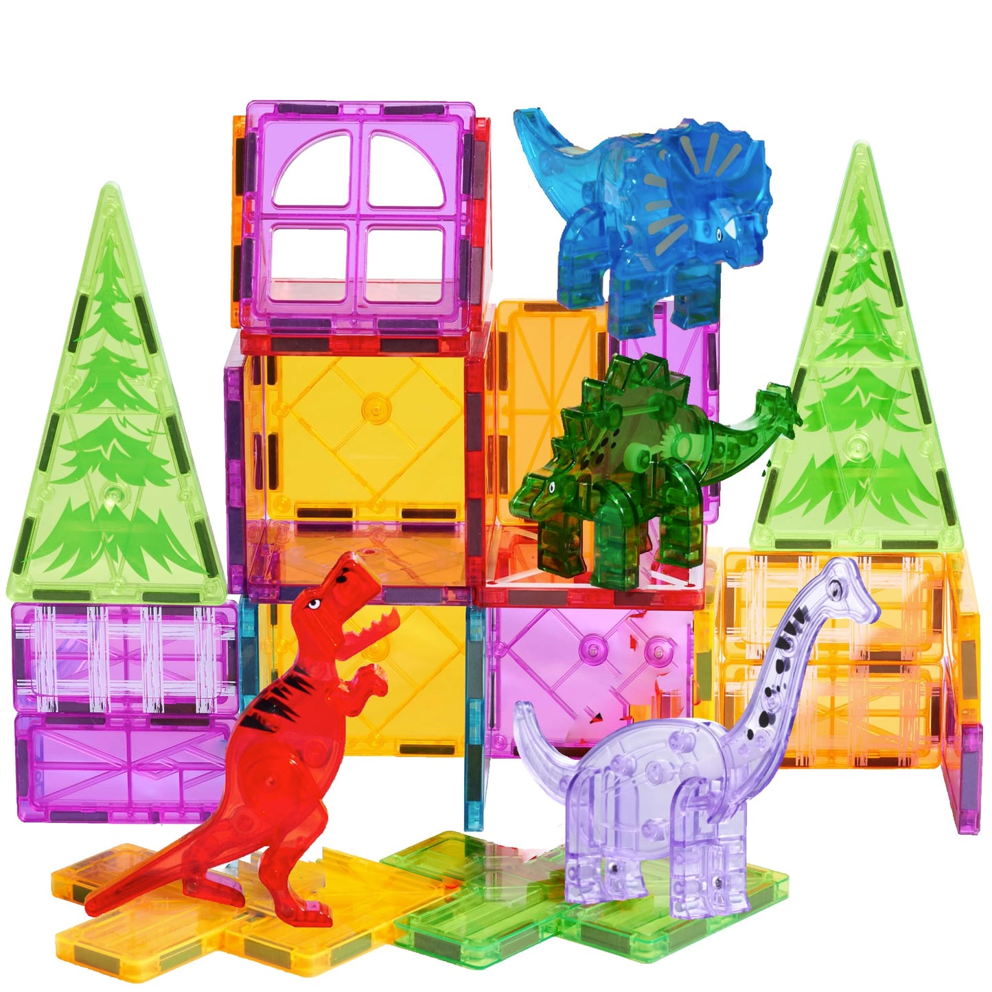 Dinoland Magnetic Tiles 32 Piece Set, Dinosaur Toys for Kids 3-5, STEM Building Blocks with Trees and Figures, Educational Construction Set for Boys