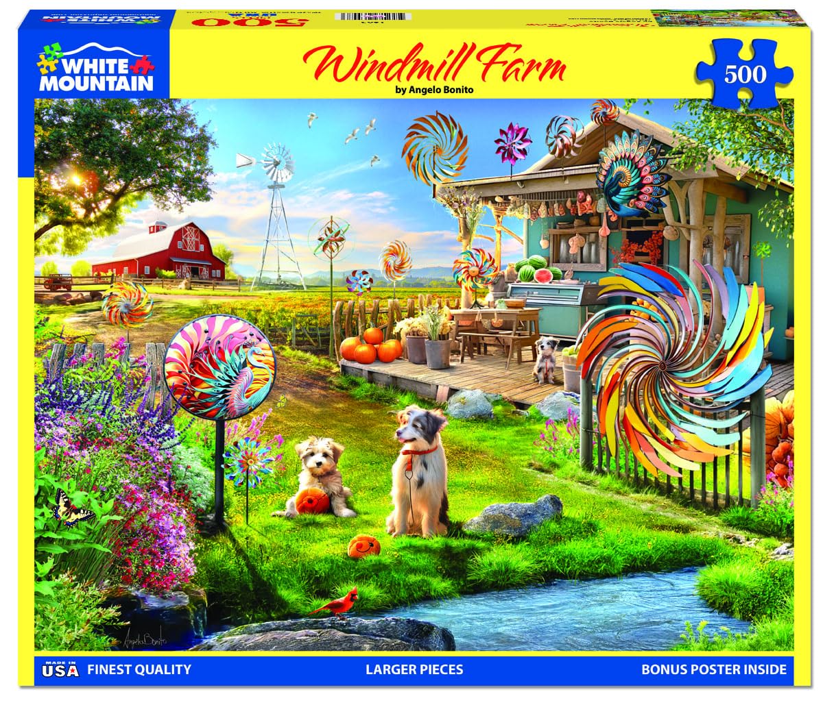 White Mountain 500 Piece Jigsaw Puzzle Country Barn Fall, Windmill Farm