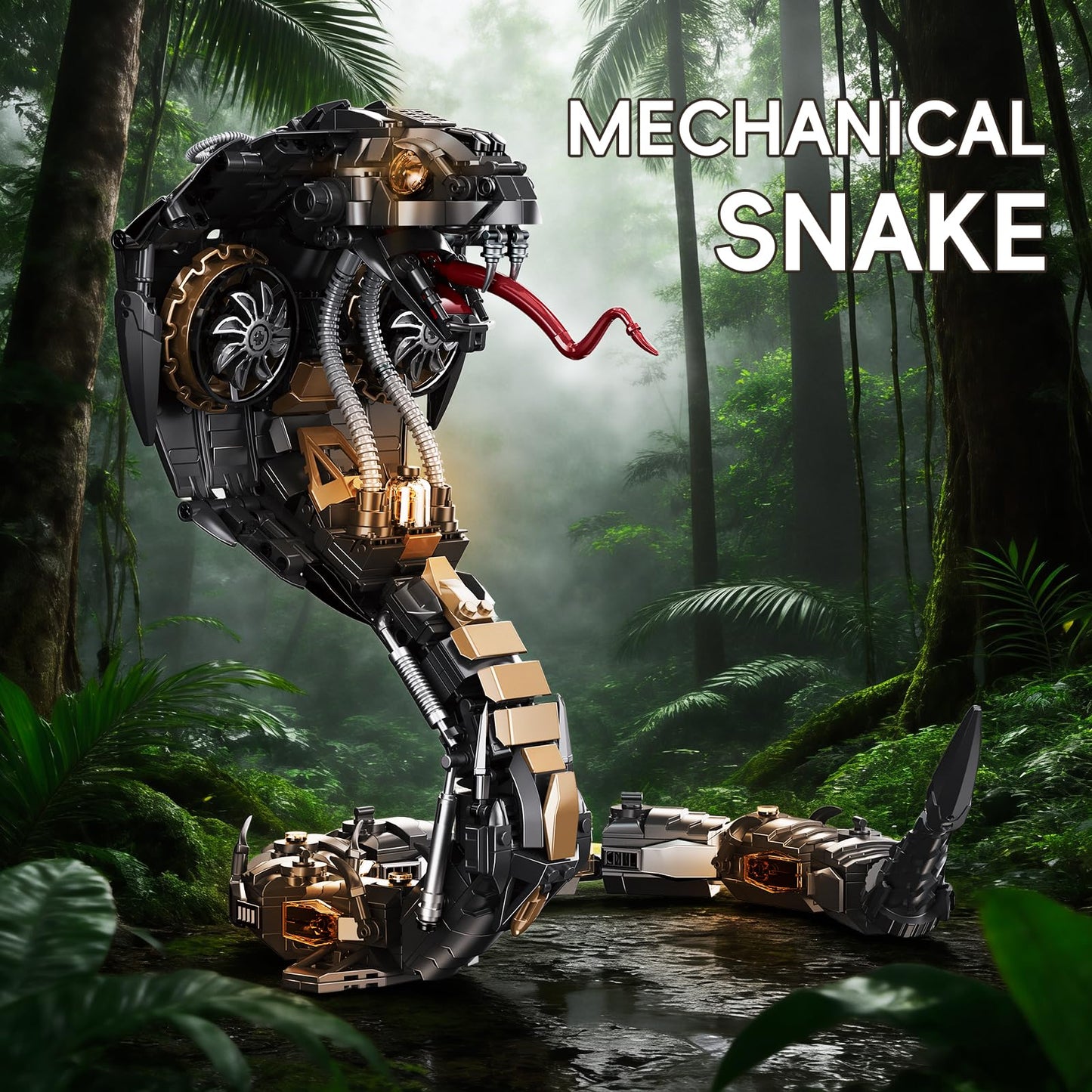 GHQYTPR Mech Snake Building Blocks Set 1036 Pieces Steampunk Black Mamba King Cobra Model Kit Articulated Reptile Construction Toy Cyberpunk Home