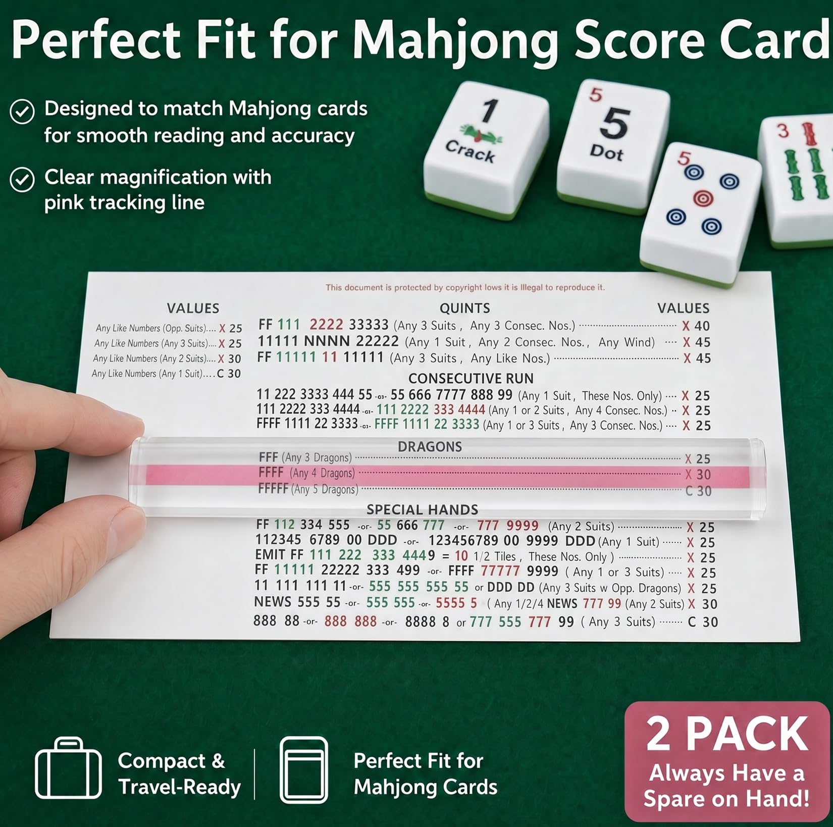 Mahjong Line Reader, Magnifying Ruler with Guiding Line, Clear Acrylic Mahjong Card Line Finder for American Mahjong Cards, Essential Mahjong