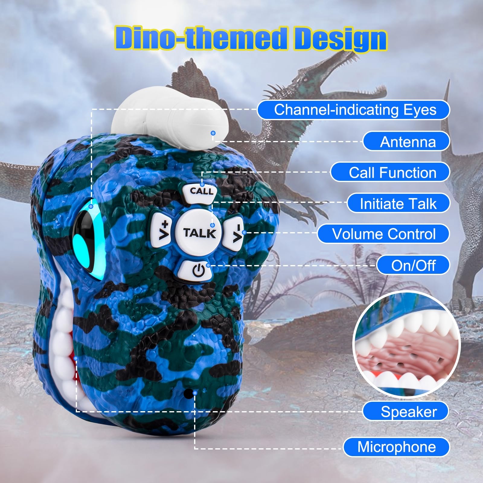 AZYFEI Dinosaur Walkie Talkies for Kids - 2 Way Radios Toys for Boys & Girls Ages 3-12 - Long Range, 3 Channels - Outdoor Adventure, Camping, Hiking
