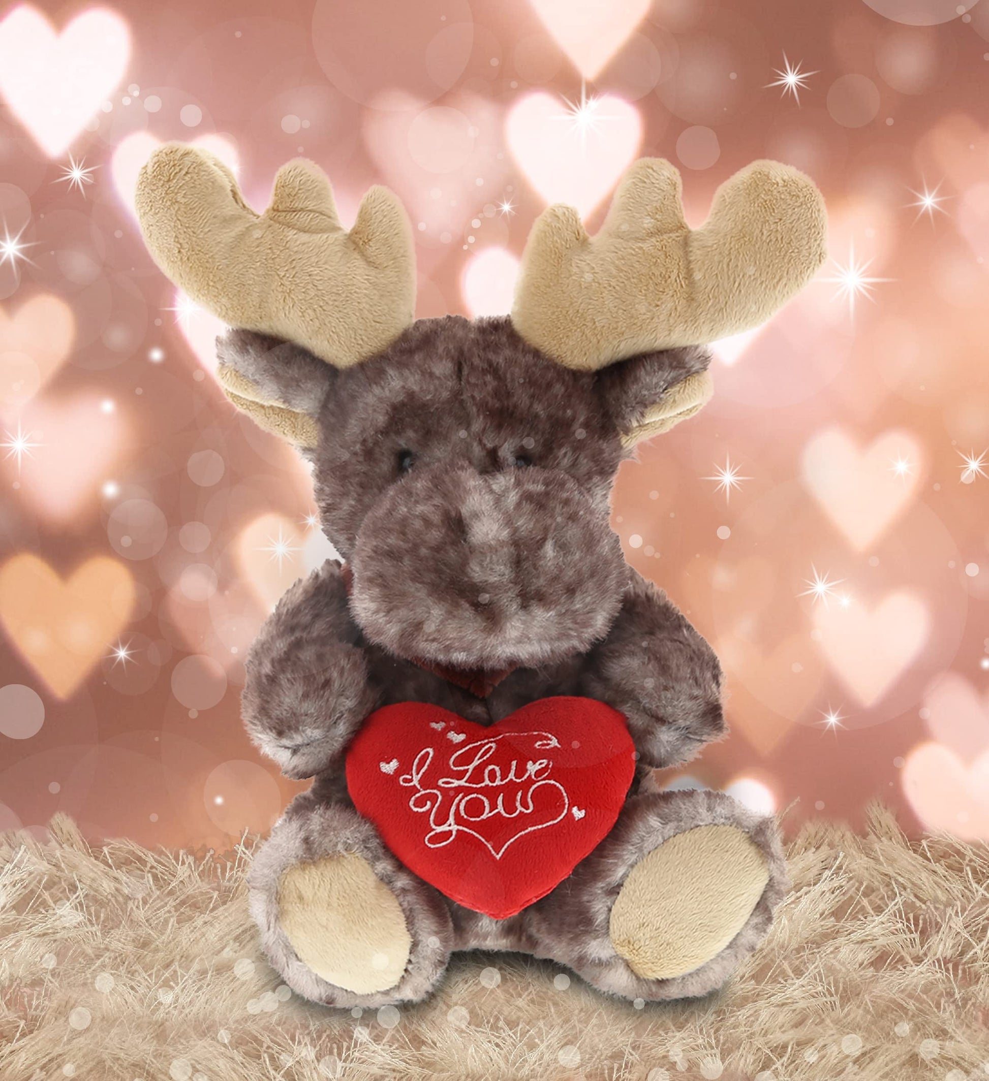 DolliBu I Love You Valentine Plush Brownish Sitting Moose - Cute Soft Cuddly Stuffed Animal with Red Heart Gift for Valentines Day, Birthday Present