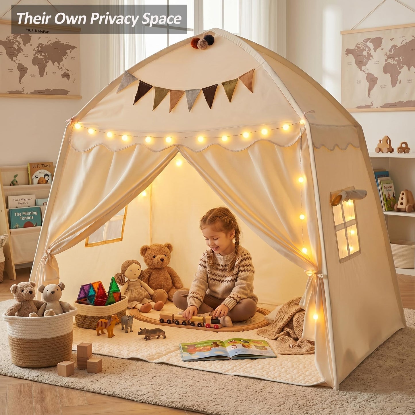 Large Kids Play Tent Indoor with Padded Mat Lights - 59x39x59in Teepee Playhouse with Flags Storage Bag - Cozy Reading Nook Nap Bed Tent - Birthday