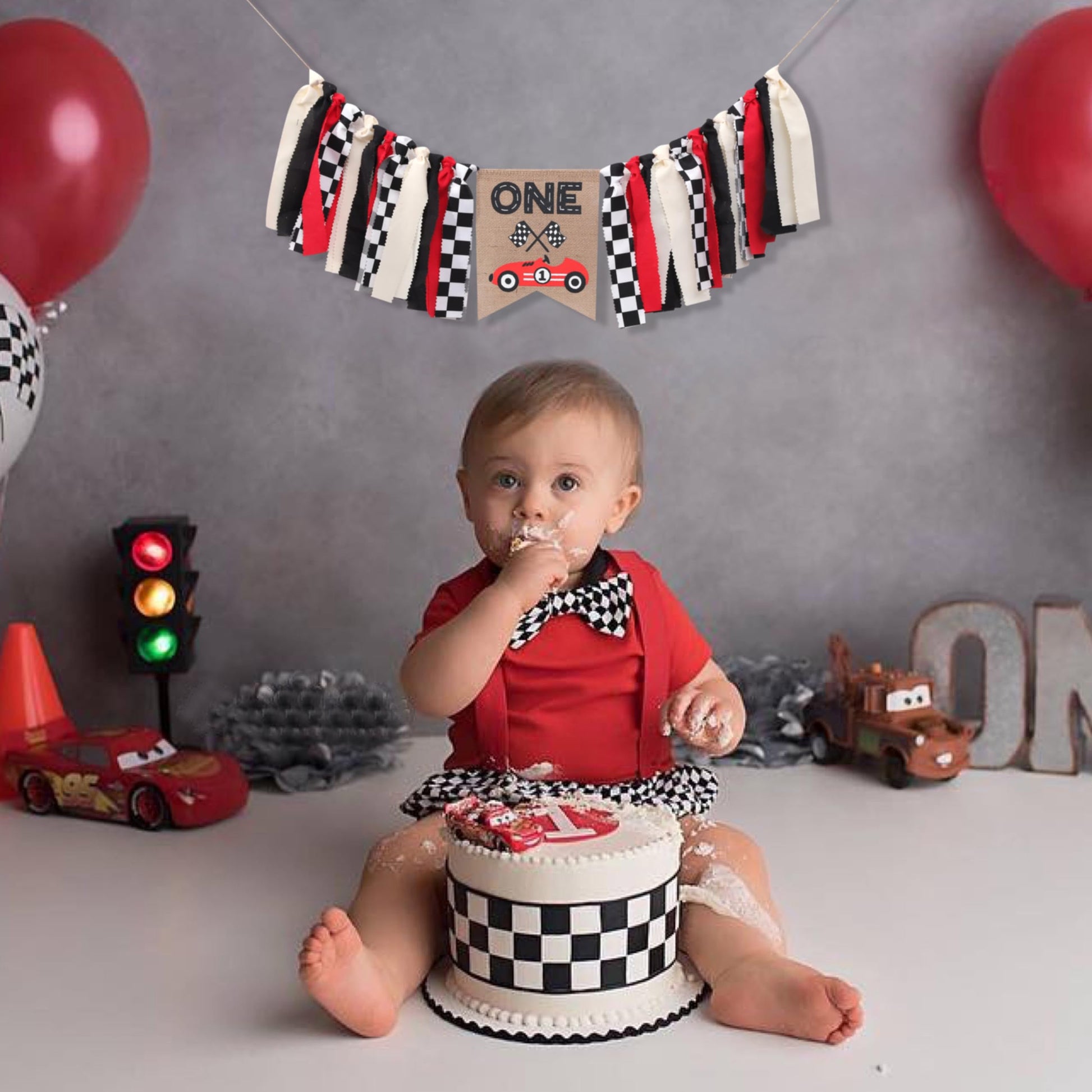 Race Car One High Chair Banner - Race Car 1st/First Birthday Party Decorations,Boy First Race Car Banner,Car Racing One Birthday Highchair,Race Car