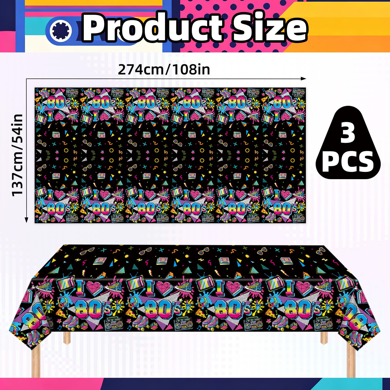 Jremreo 3 Pieces 54 x 108 Inches 80s Plastic Tablecloth, Disposable Rectangle Retro Party Table Covers, Neon Decorations for Birthday, Hip Hop