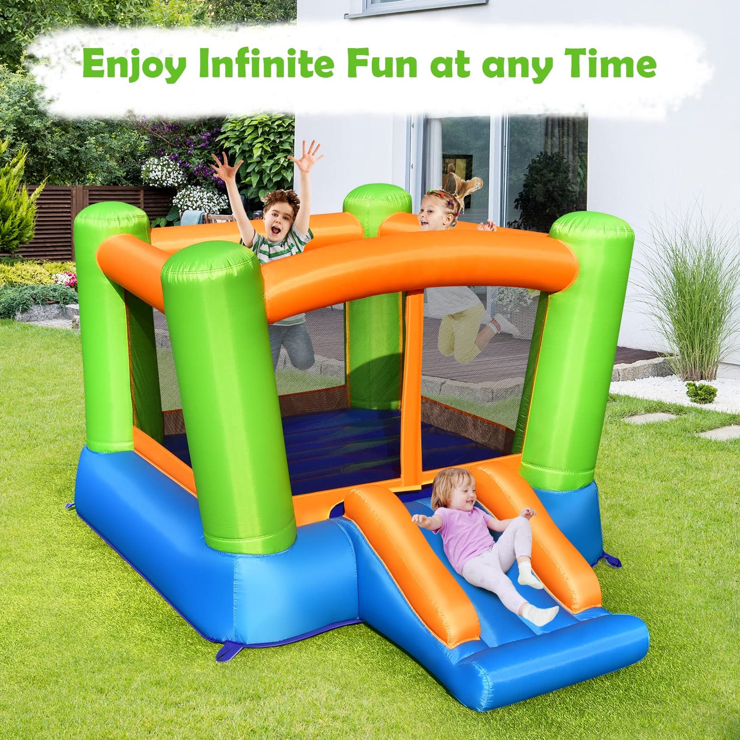 JIMUOO Inflatable Bounce House, Kids Bounce Castle Outside, Jumping Castle Bouncer w/Slide, Large Jumping Area, 2-in-1 Bouncy House for Toddler, Kids