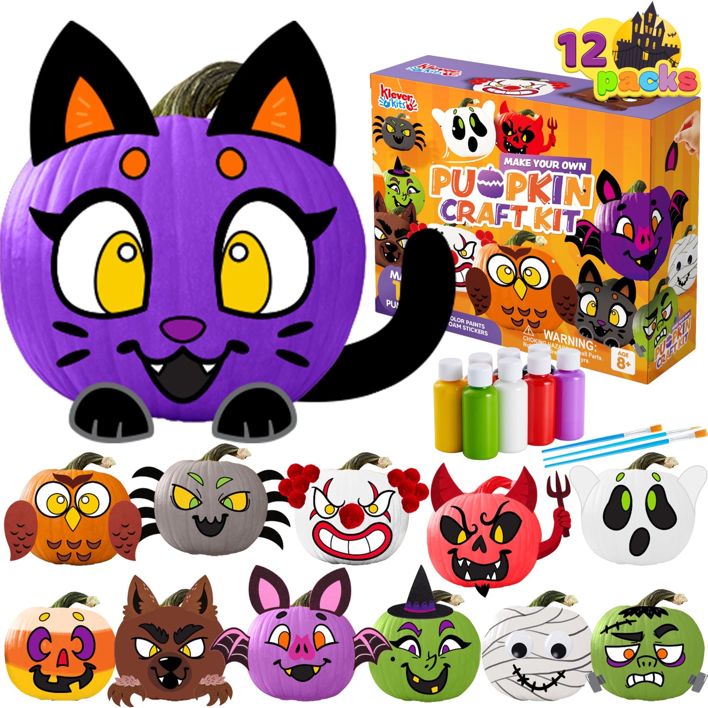 Klever Kits Halloween Craft Pumpkin Decorating Kit, Arts Activities Party Supplies, Party Favors for Kids, Halloween Painting Kit with 12 Designs, DIY