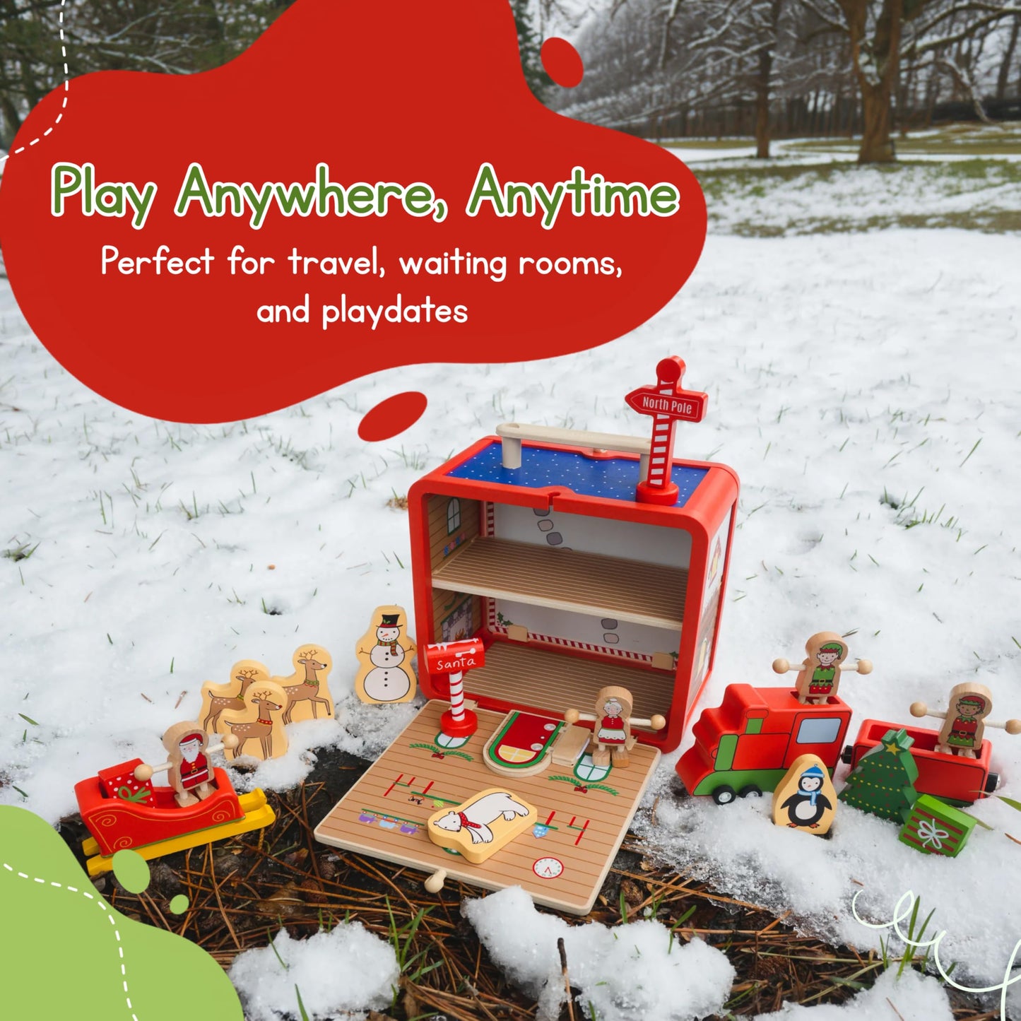 Jack Rabbit Creations 16-Piece Santa's Workshop Suitcase Playset - Santa, Elves, Reindeer & Snowman - FSC Bamboo, Eco-Friendly Toddler, Ages 3+