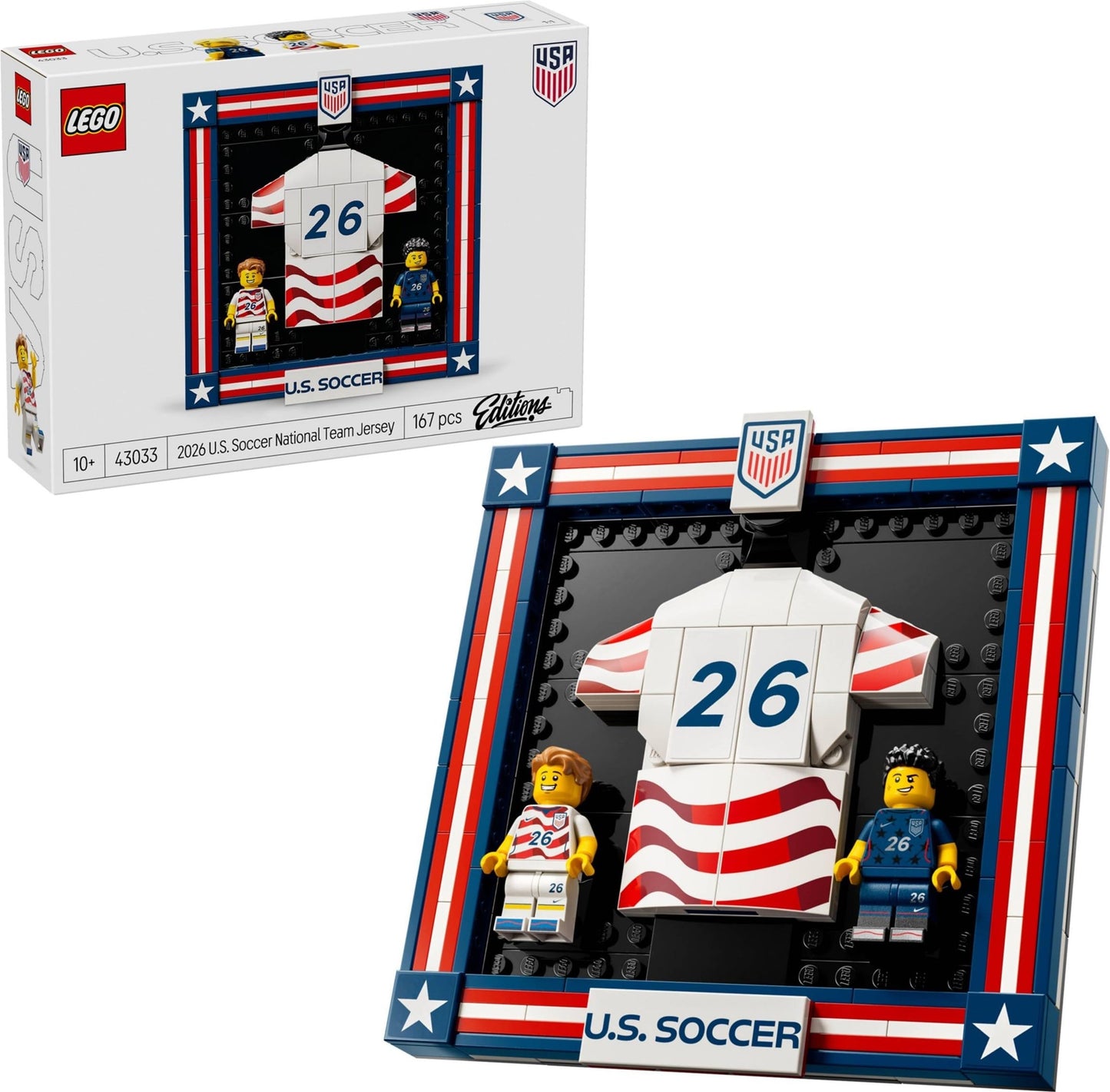 LEGO Editions 2026 U.S. Soccer National Team Jersey Set #43033 - 167 Pieces, Customizable Framed Jersey Display with 2 Minifigures | Ages 10+ | World