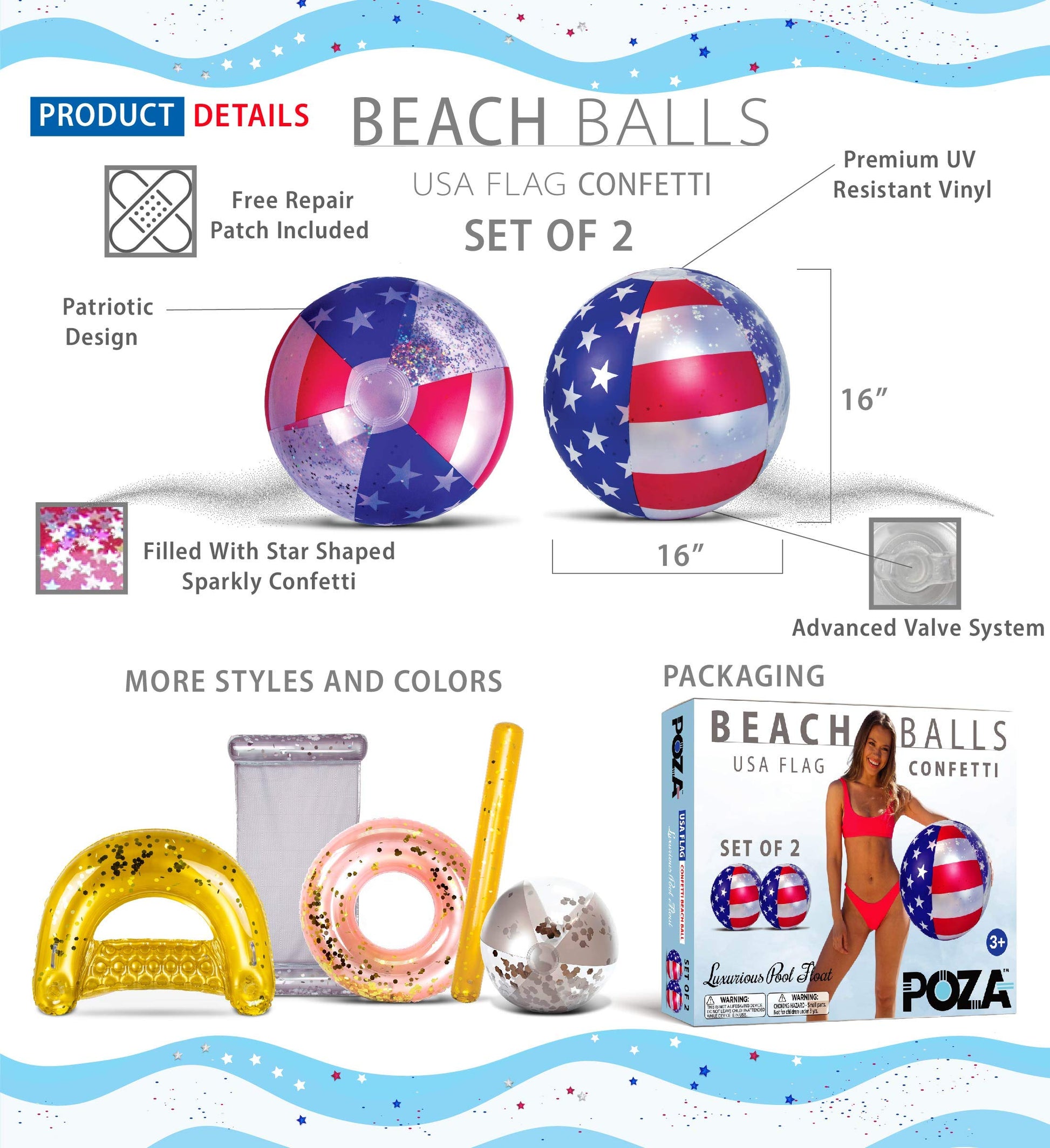 POZA USA Inflatable Beach Balls, USA Flag Design, Pool Party Decorations