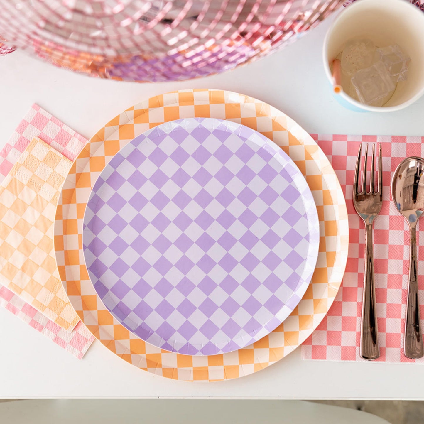 Jollity & Co Check It! Dinner Plates - Peaches N' Cream Paper Plates - Pack of 8 Paper Plates Disposable - Checkered Pattern Party Plates for Baby