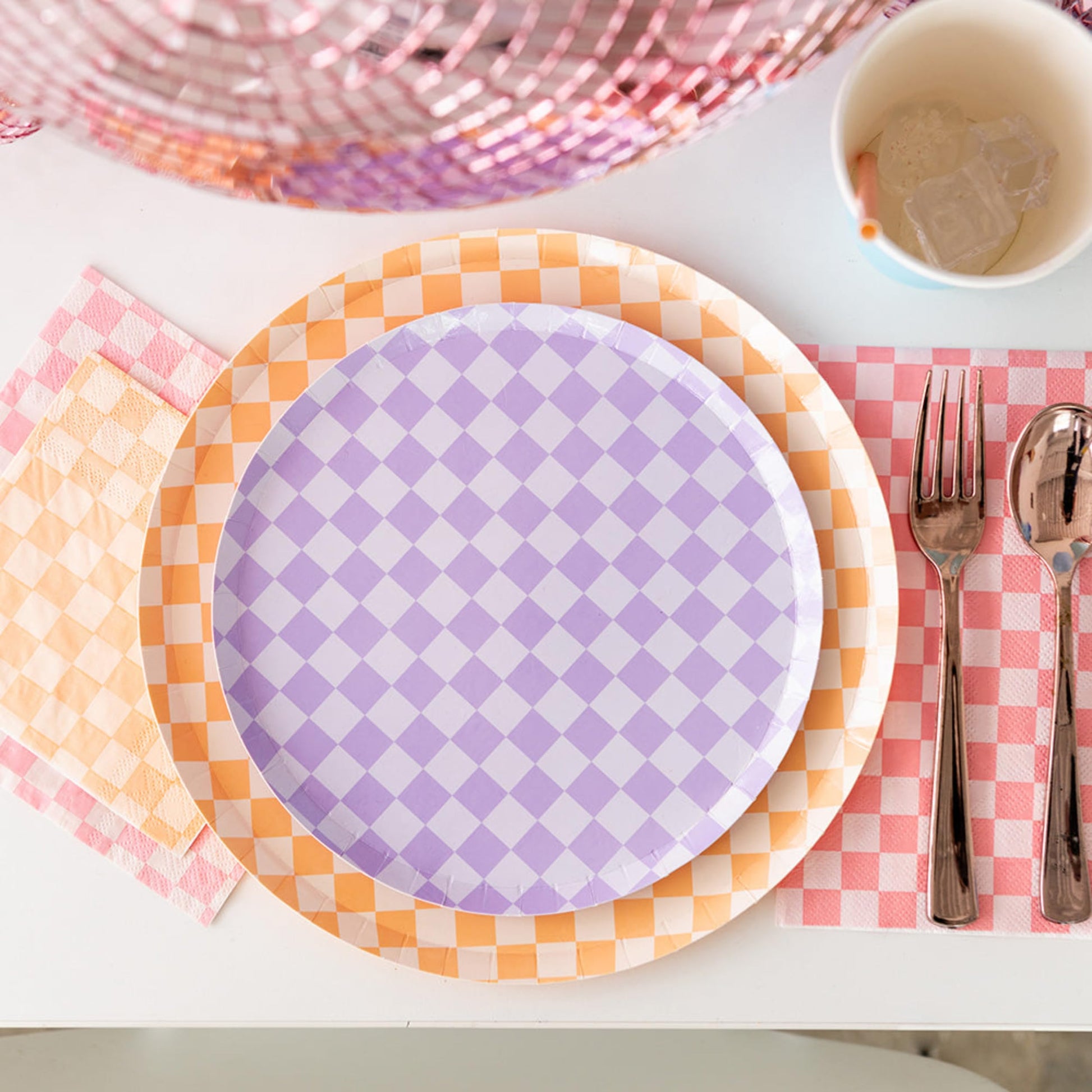 Jollity & Co Check It! Dinner Plates - Peaches N' Cream Paper Plates - Pack of 8 Paper Plates Disposable - Checkered Pattern Party Plates for Baby