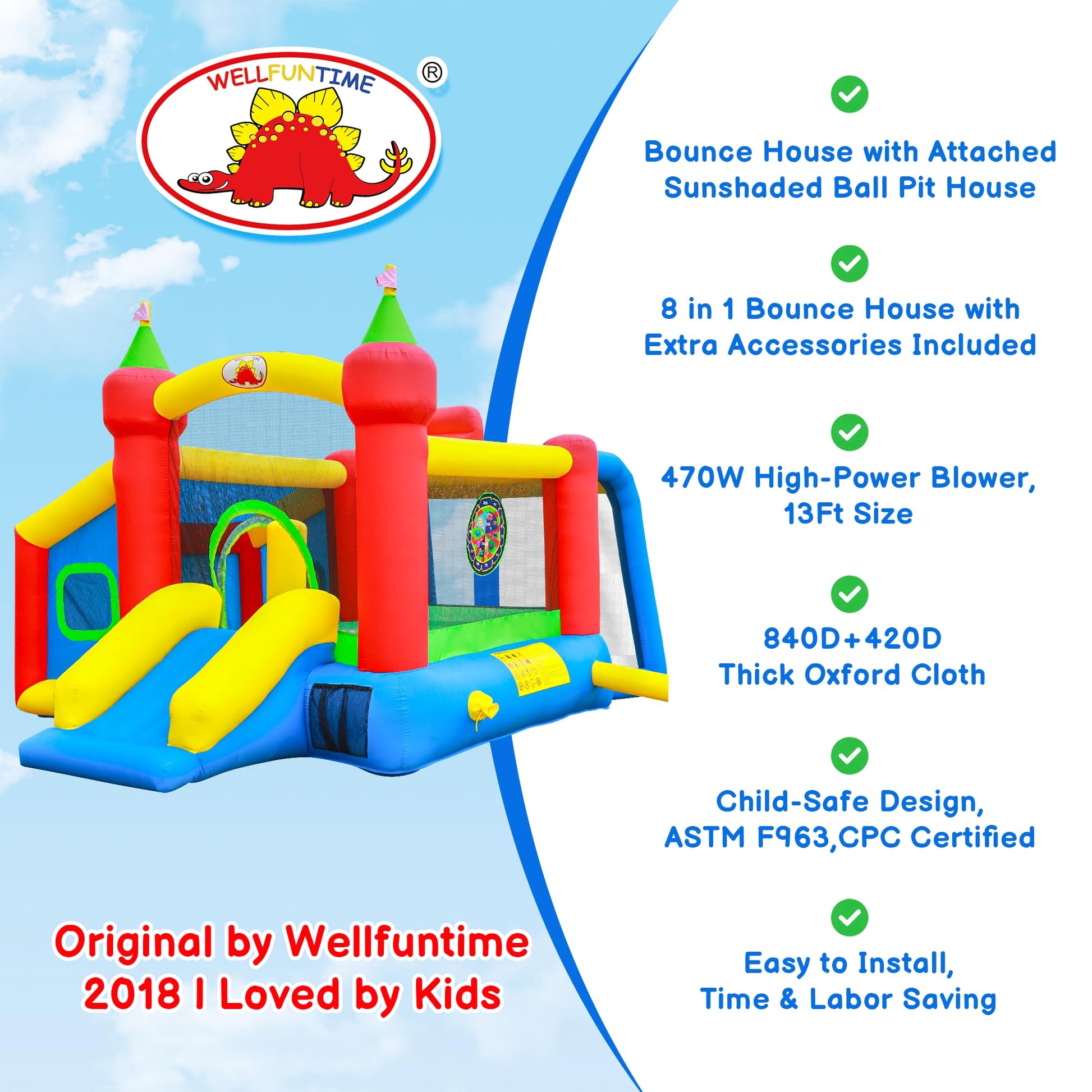 WELLFUNTIME Inflatable Bounce House,Jumping Castle Slide with Blower,Kids Bouncer with Ball Pit