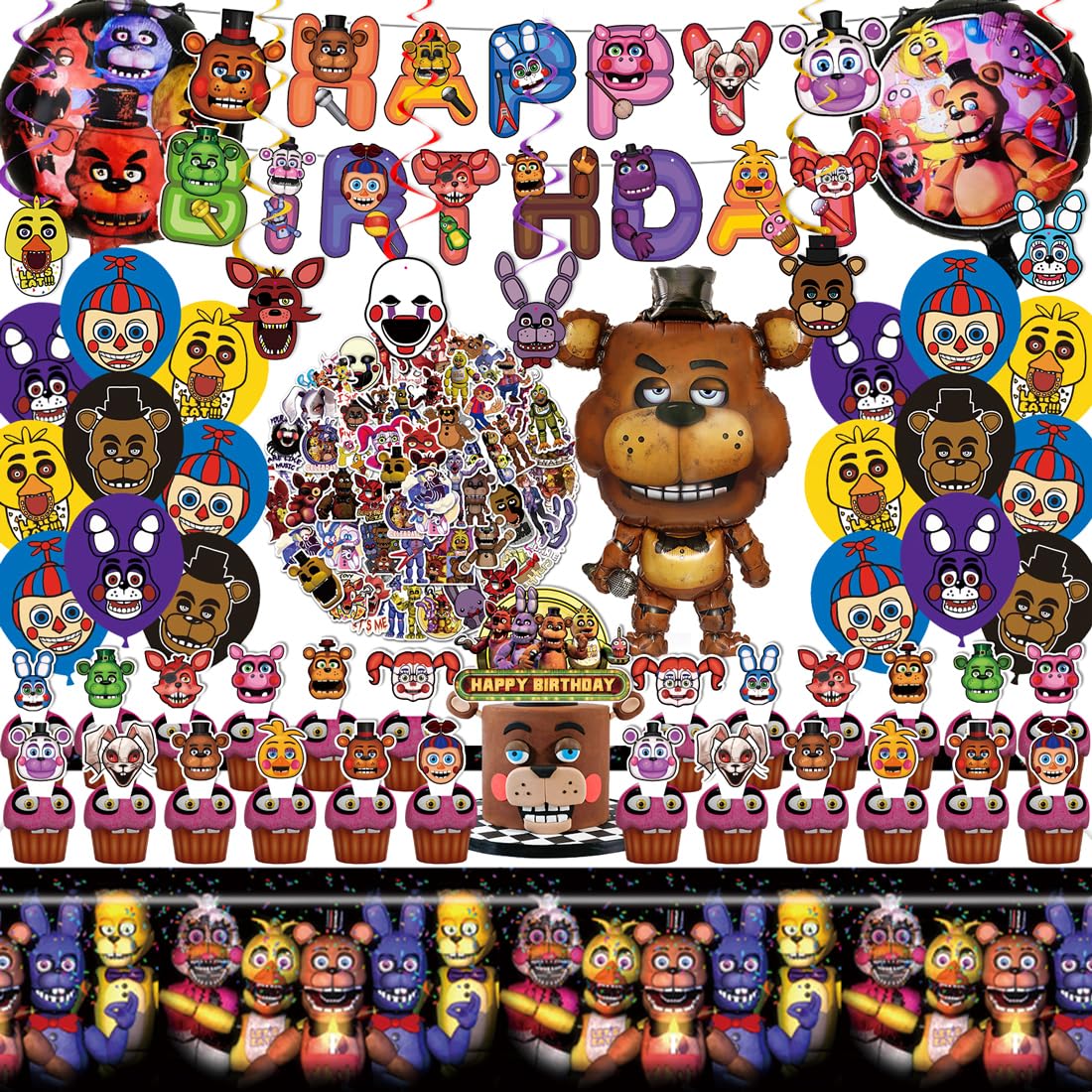 Freddy's Birthday Decorations, Party Supplies Set Include Banner, Balloons, Stickers, Hanging Swirls, Cake Cupcake Toppers, Tablecloth for Boys Girls