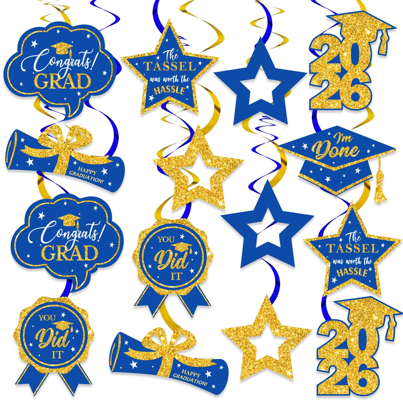16 PCS Blue and Gold Graduation Decorations Class of 2026, Graduation Hanging Swirls Blue and Gold Congrats Grad Hanging Swirl for Grad Party Supplies