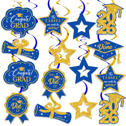 16 PCS Blue and Gold Graduation Decorations Class of 2026, Graduation Hanging Swirls Blue and Gold Congrats Grad Hanging Swirl for Grad Party Supplies