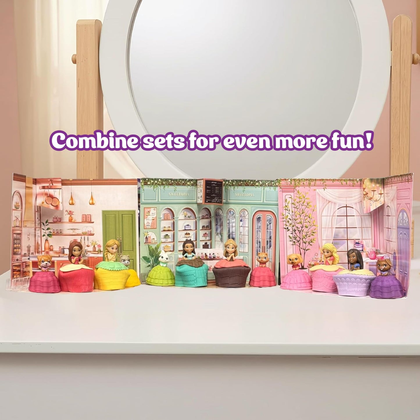Sweetopia Dolls Patisserie Playset - Collectible Transforming Dolls with Special Backdrop, Includes 4 Miniature Pastries that Turn Into Princesses