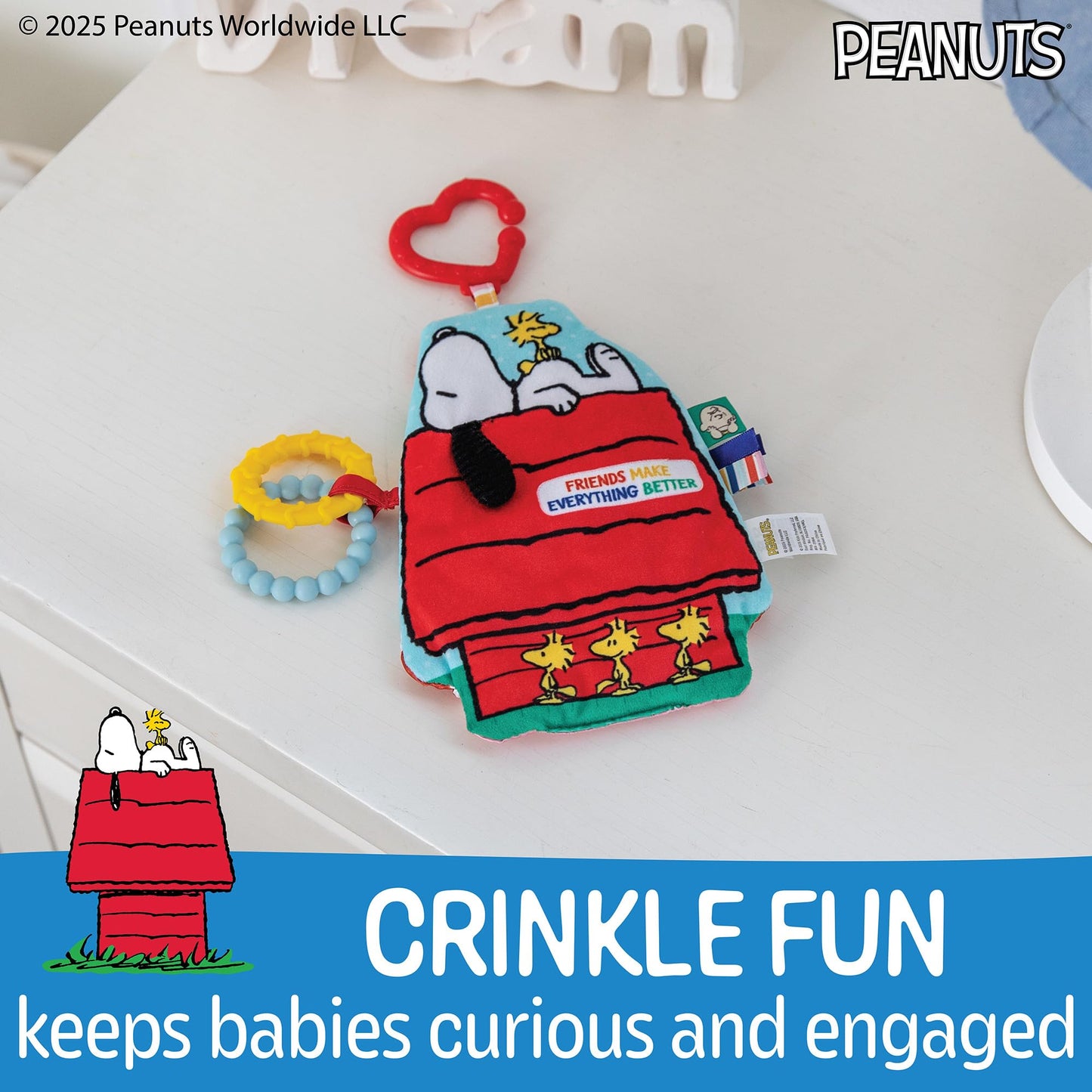 Kids Preferred Peanuts Snoopy Sensory Crinkle Teether Toys for Newborn Baby Boys and Girls with On-The-Go Clip for Stroller and Car Seat, 10 inches