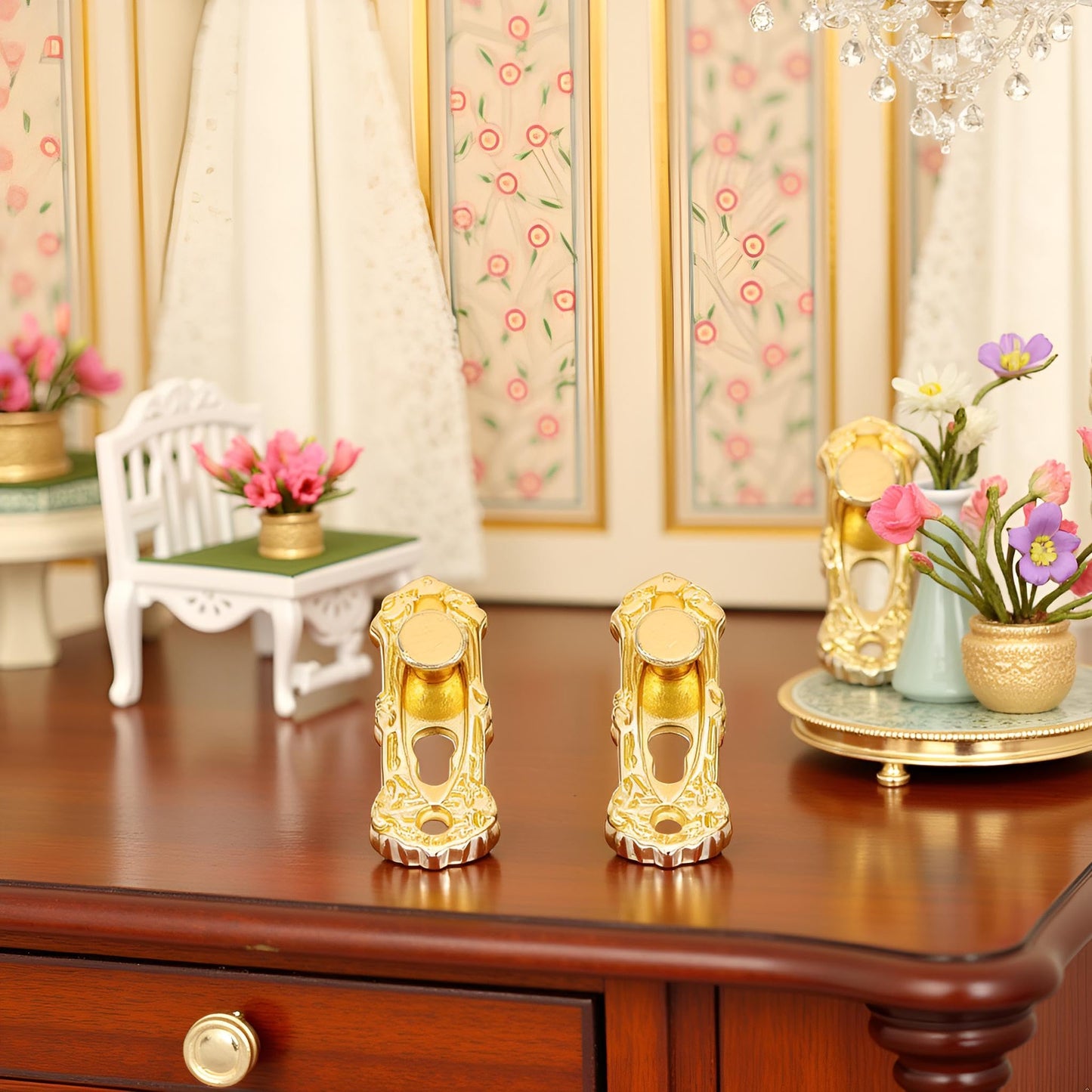 4Set Gold 1/12 Miniature Door Knob Lock and Key Dollhouse Decoration Accessories