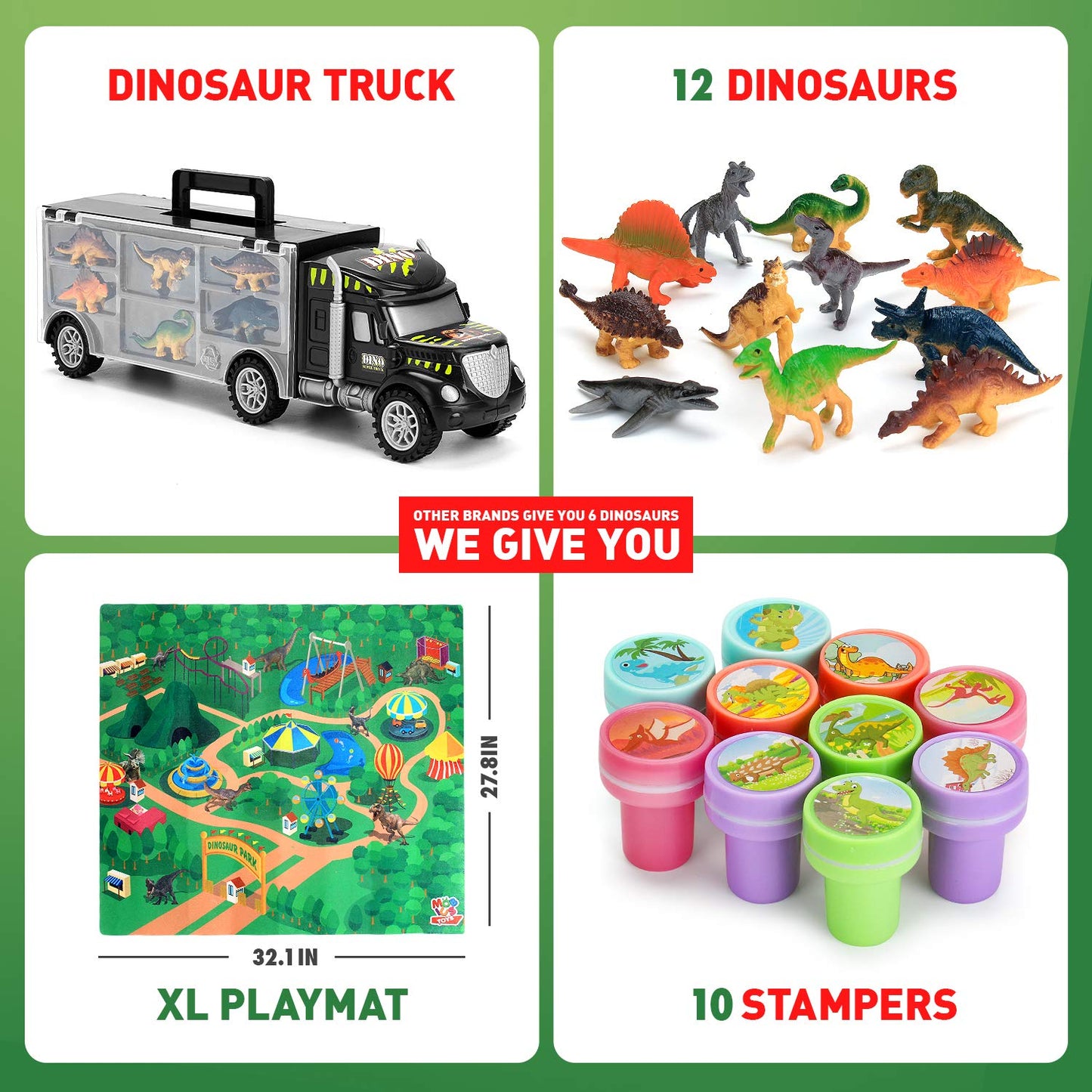 MOBIUS Toys Dinosaur Truck Carrier - Large Transport Truck with 12 Realistic Dino Figures for Kids Ages 3-7 - Durable BPA-Free Dinosaur Storage Toy