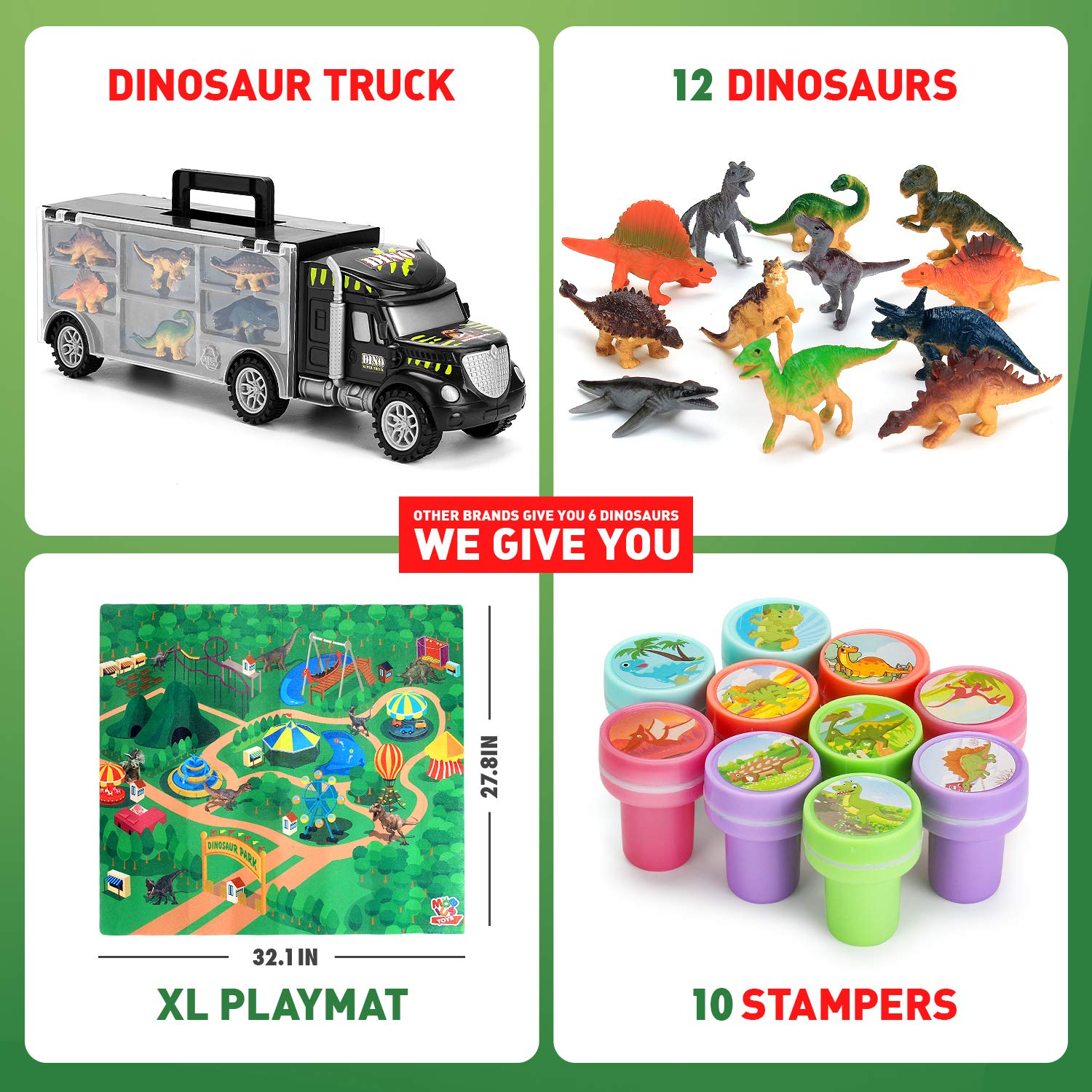 MOBIUS Toys Dinosaur Truck Carrier - Large Transport Truck with 12 Realistic Dino Figures for Kids Ages 3-7 - Durable BPA-Free Dinosaur Storage Toy