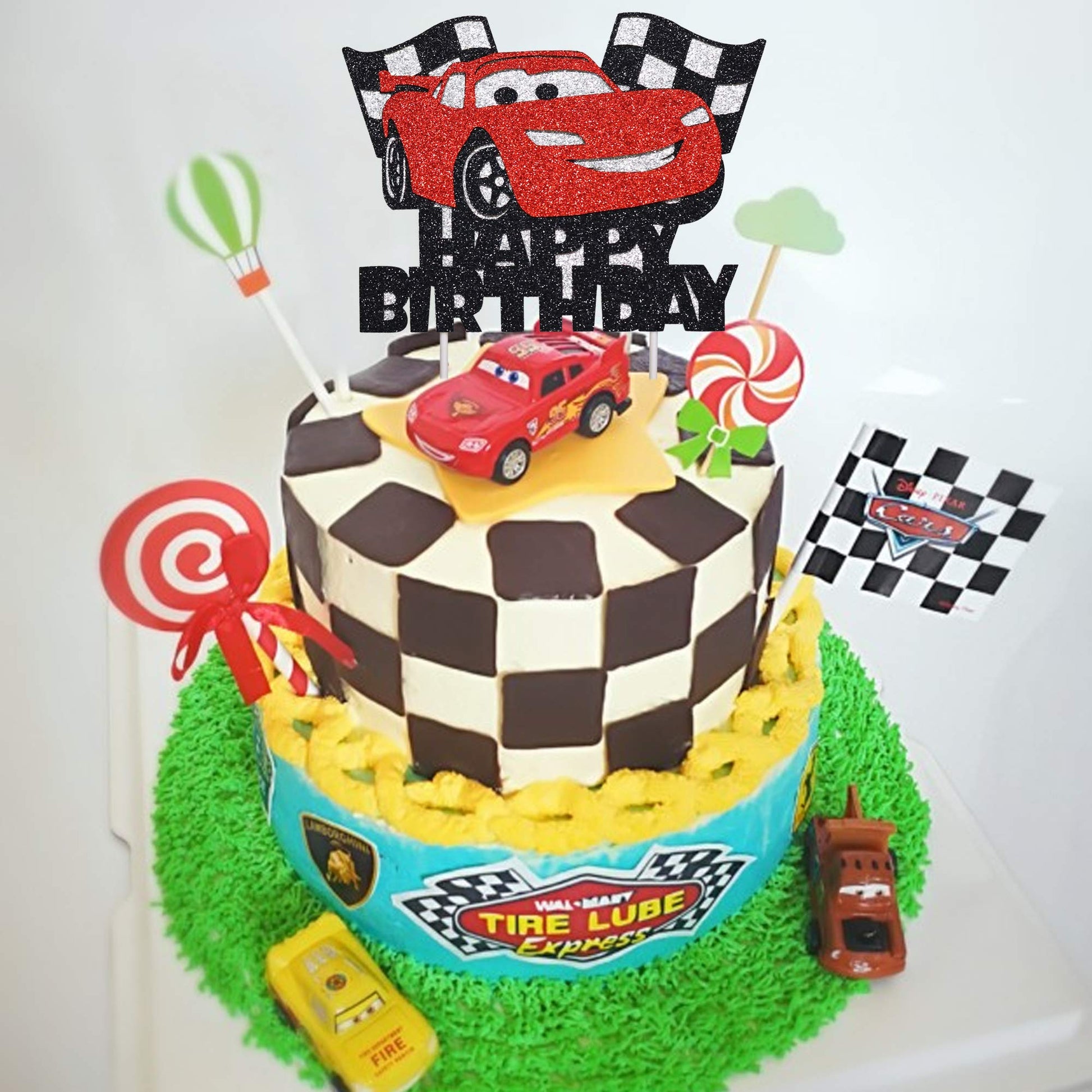 Artczlay Racing Theme Cake Topper, Checkered Flag, Black and Red, Birthday and Baby Shower, Cake Decoration, 1 Count, 5 x 0.5 inches, Eva and Paper
