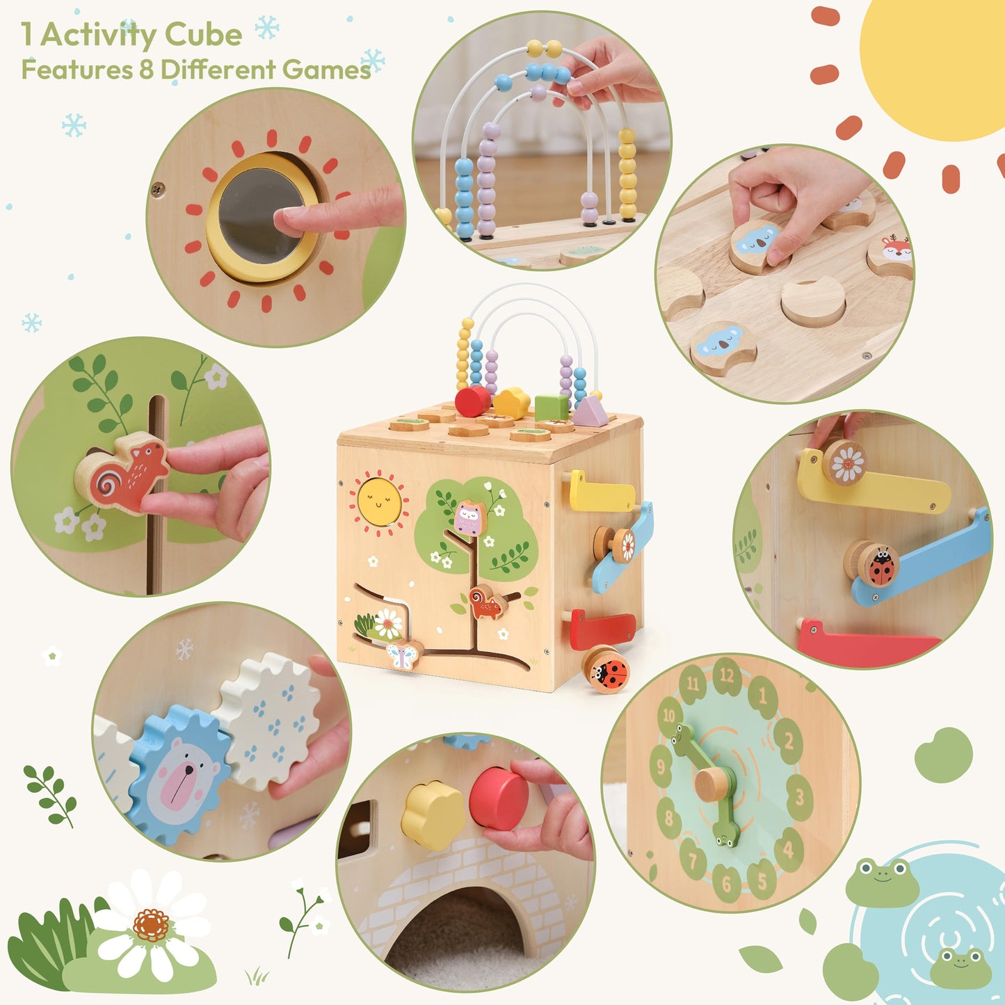 KizKnows Kid Wooden Activity Cube Montessori Development Toy for 1 Year Old