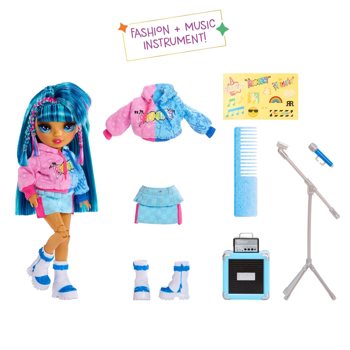 Rainbow High Jr High Rock Band - Skyler, Blue 9” Fashion Doll with Microphone Plus Stand and Amp, Customize with Stickers, Posable, Great Toy Gift for
