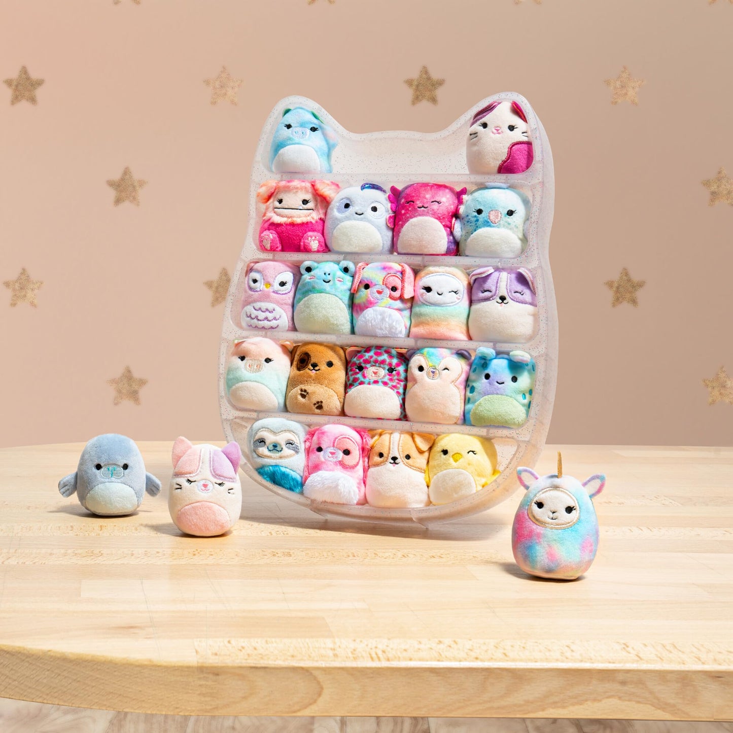 Squishville by Original Squishmallows Play and Display Storage - Four 2-Inch Plush Included - Big Foot, Axolotl, Parrot, Chameleon - Hang or Stand