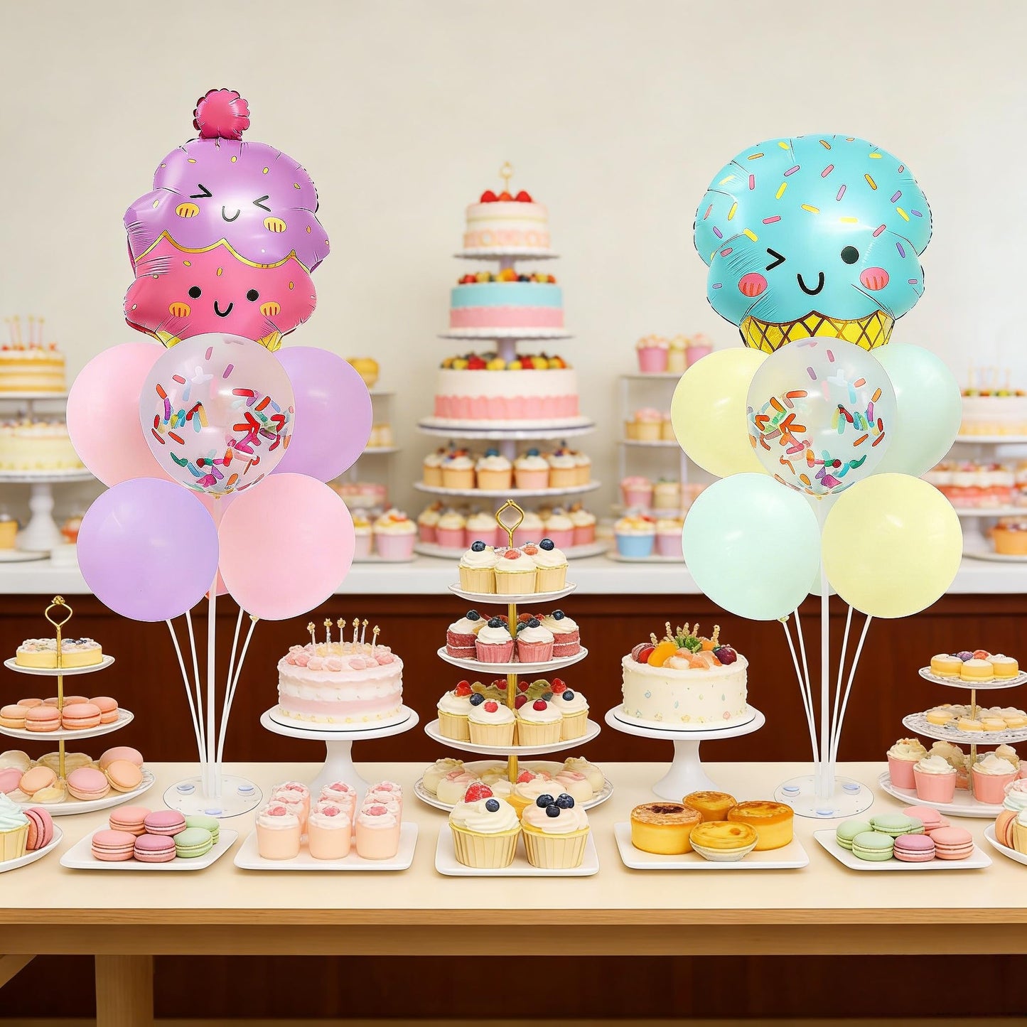 Ice Cream Party Balloons Stand for Table 2 Sets with 2 Ice Cream Foil Balloons 14 Pastel Latex Balloons for Sweet One Birthday Girl Baby Shower Party