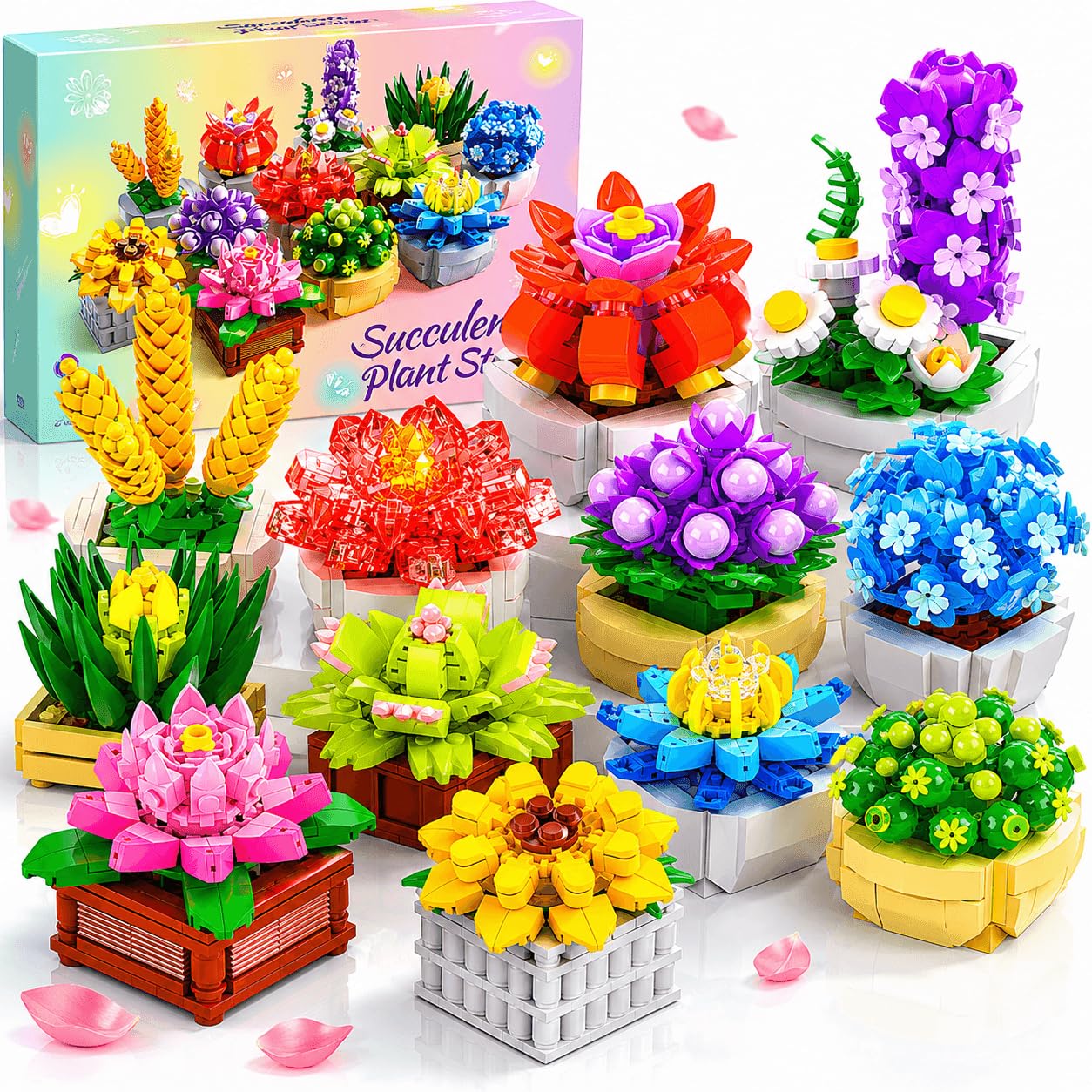 QiqoPoyee Succulents Flowers Building Set 12 Pack Botanical