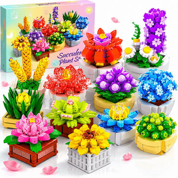 QiqoPoyee Succulents Flowers Building Set 12 Pack Botanical