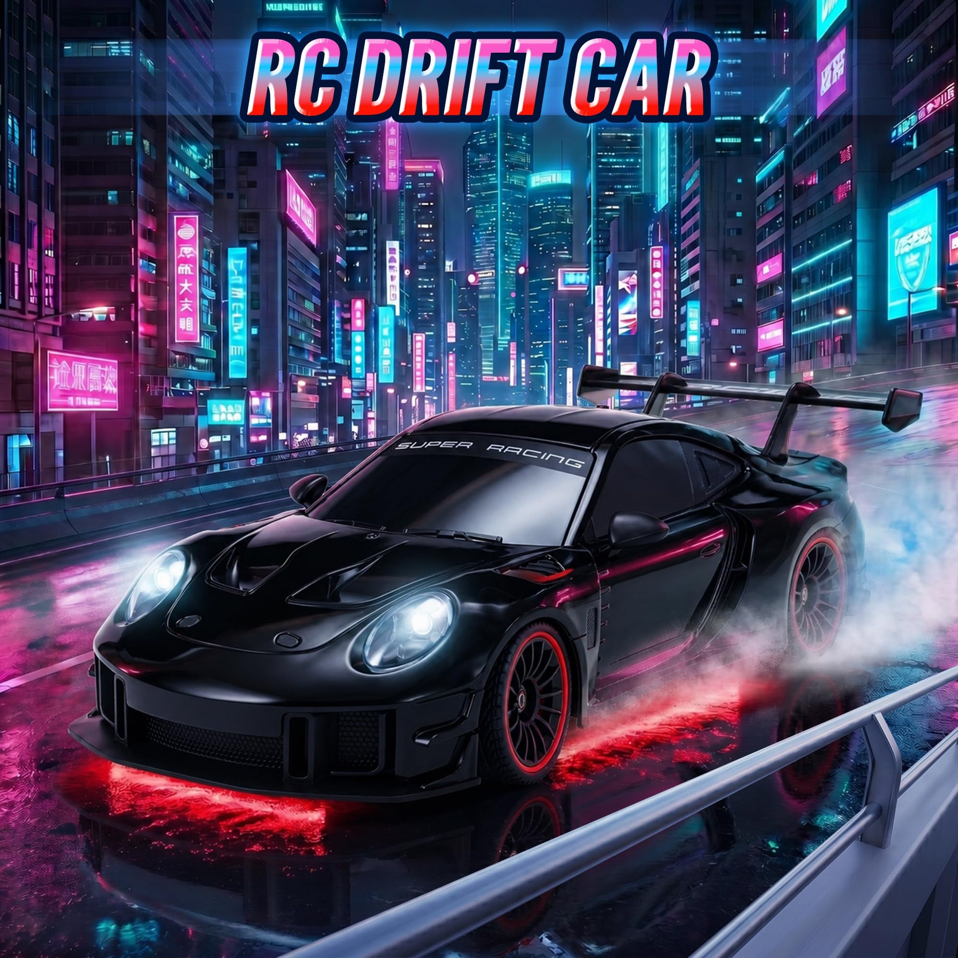 RC Drift Car with LED Headlights, Spray Mist & Underbody Lights, 2.4GHz Remote Control Car, High Speed RC Car with Extra Drift Tires, RC Cars