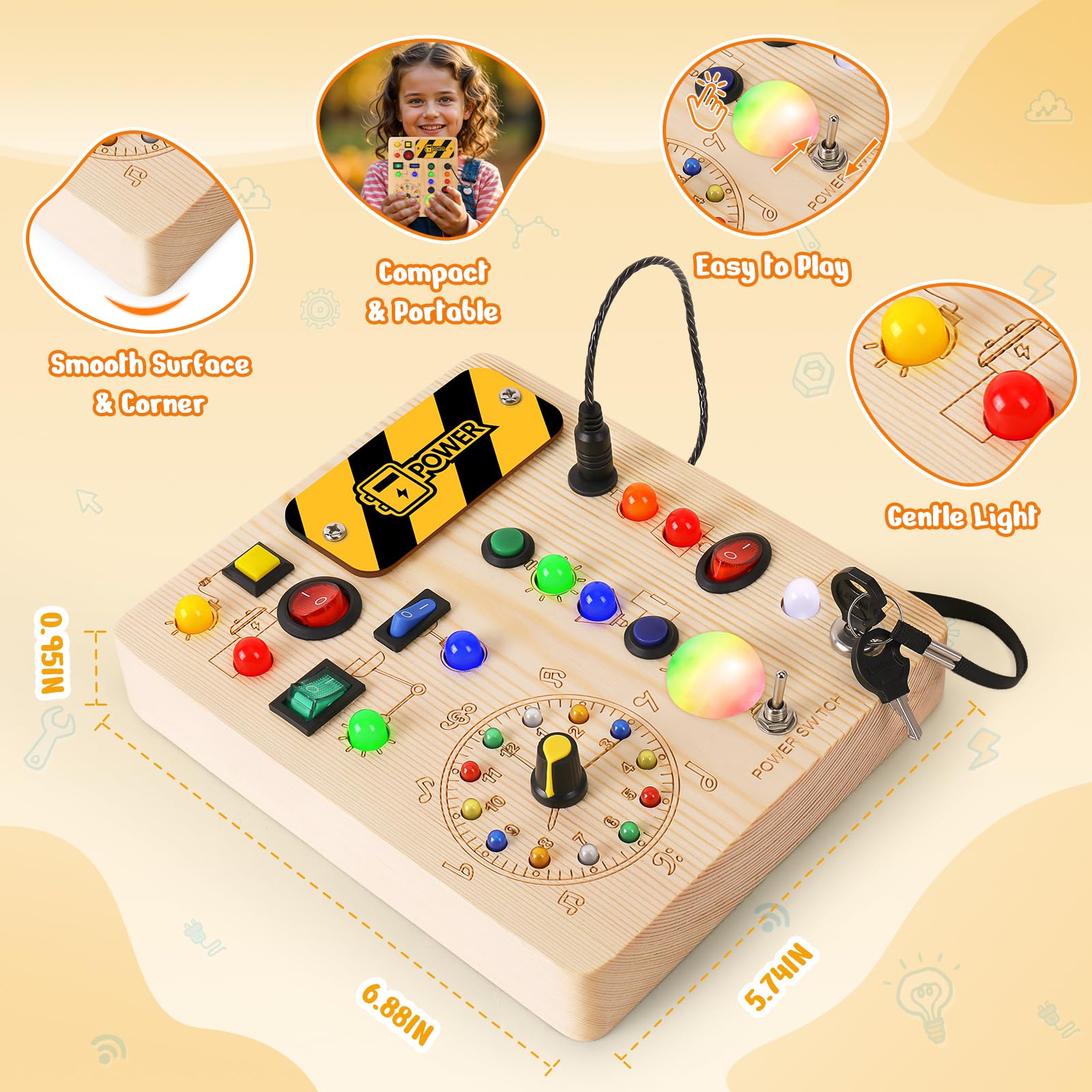 OAKJAR Busy Board with Led Light, Montessori Toys for 1-3 Years Old Boys Girls Wooden Toddler Toys Birthday Gift Educational Toys for 1+ Year Old