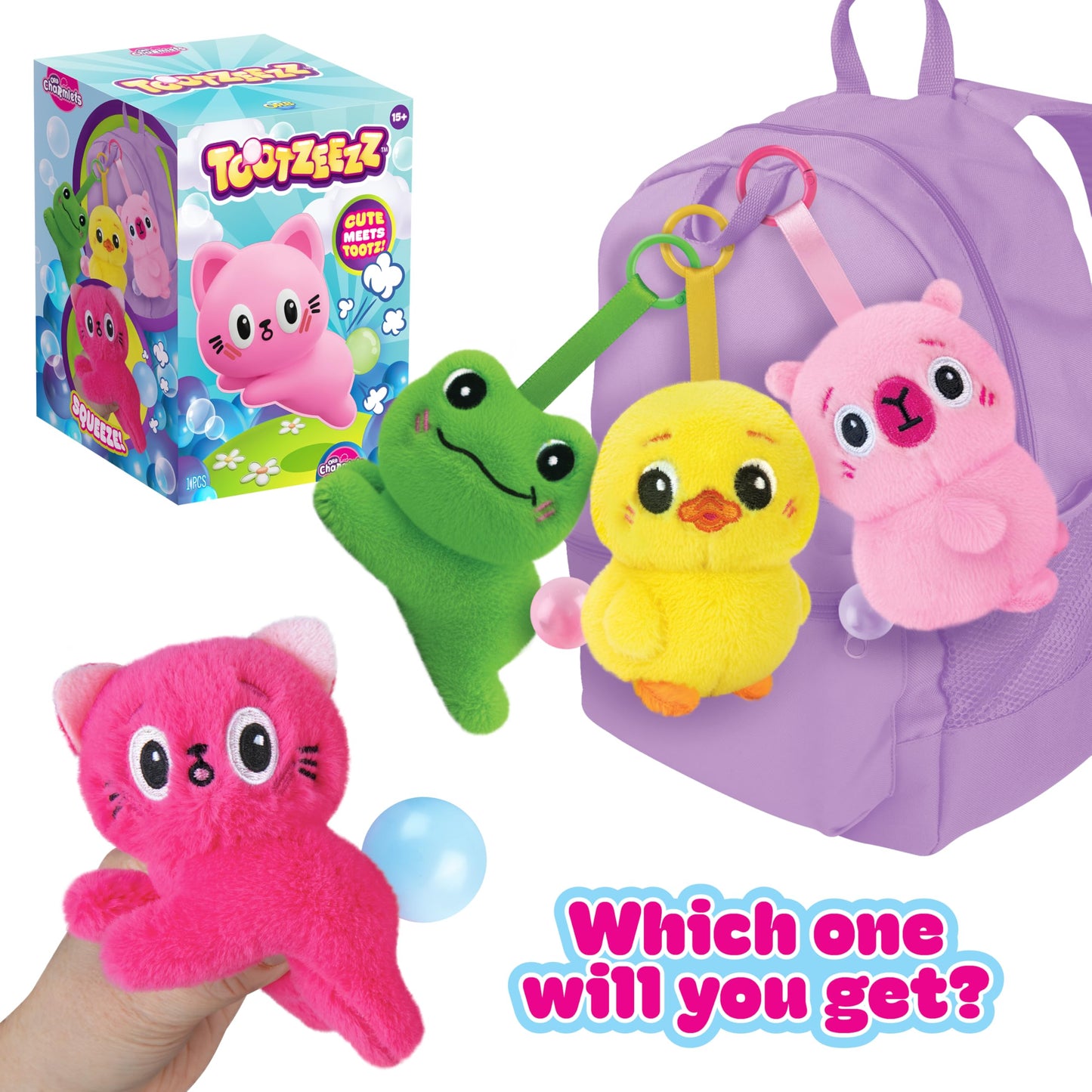ORB Tootzeez Animals Plush Blind Box Keychain Charms - 1 Assorted Tootzeez Animal Fidget Plush Toy Charm - Squeeze for an Cute Toot Bubble