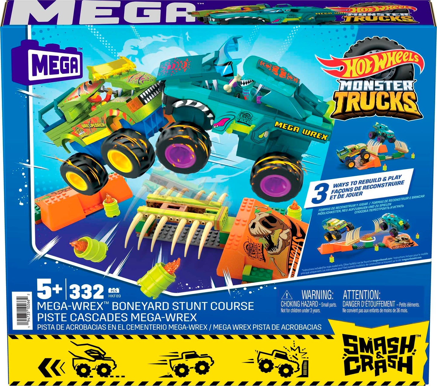 MEGA Hot Wheels Monster Trucks Building Toy, Smash & Crash Mega-Wrex Boneyard Stunt Course with 332 Pieces, 2 Figures and 2 Ramps, Kids Age 5+ Years