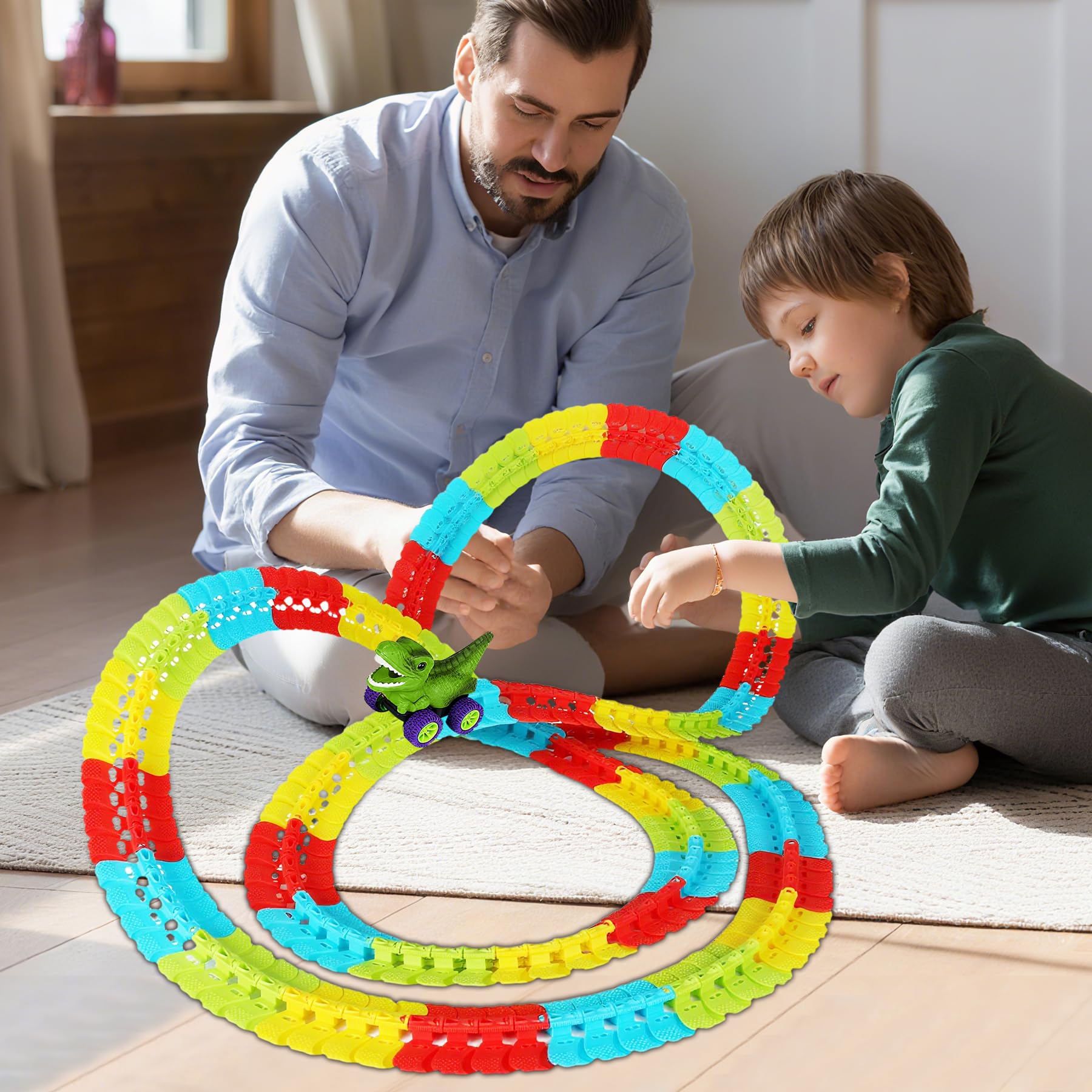 Valentines Day Gifts for Kids, Dinosaur Train Set,Boys Valentine Gifts Dinosaur Train Toys, 360° Electric Climbing Dinosaur Car Race Tracks with Sound