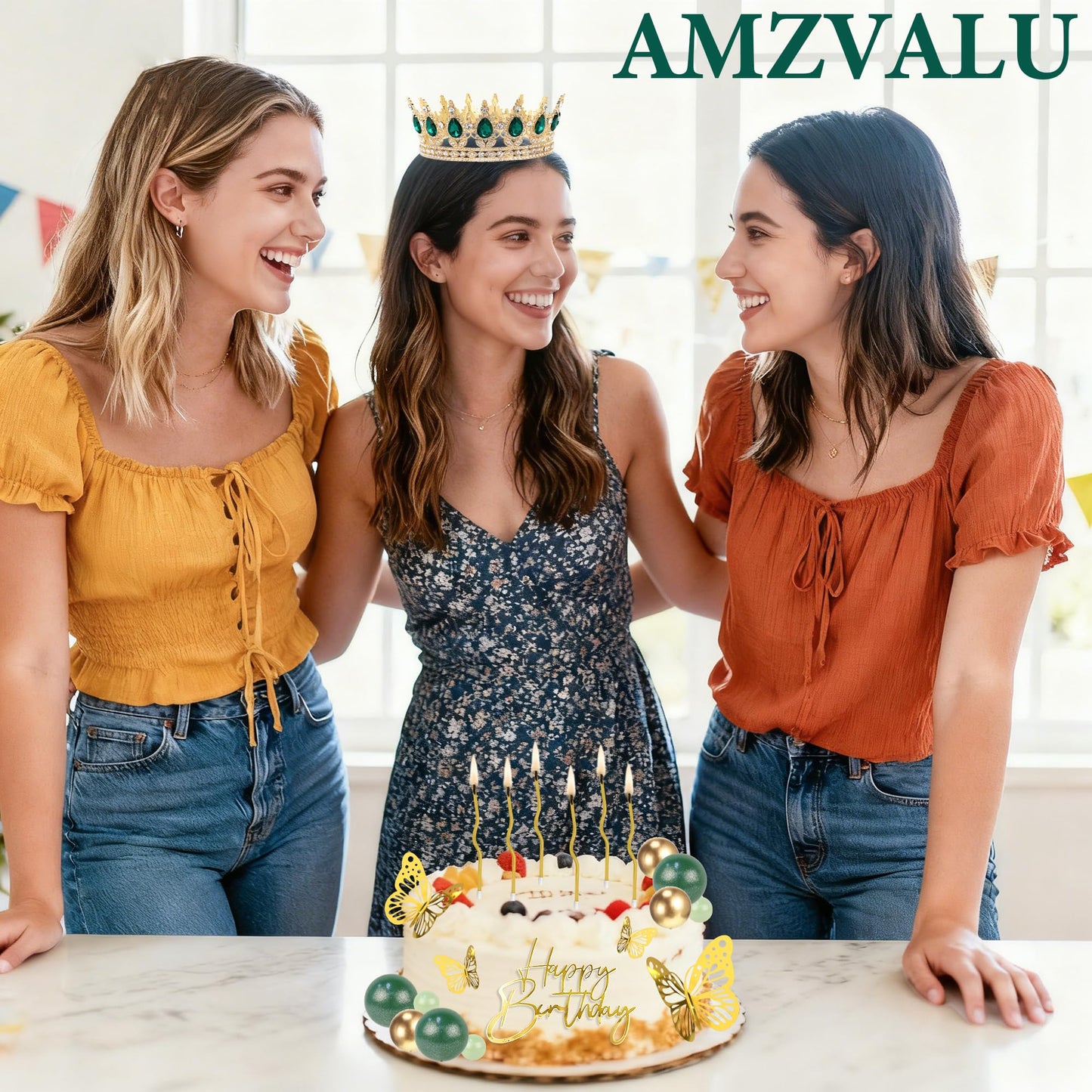 AMZVALU Corona Para Pastel, Crown Cake Topper, Crown Happy Birthday Cake Toppers Balls Candles Butterflies Cake Decorations, Birthday Crown for Women