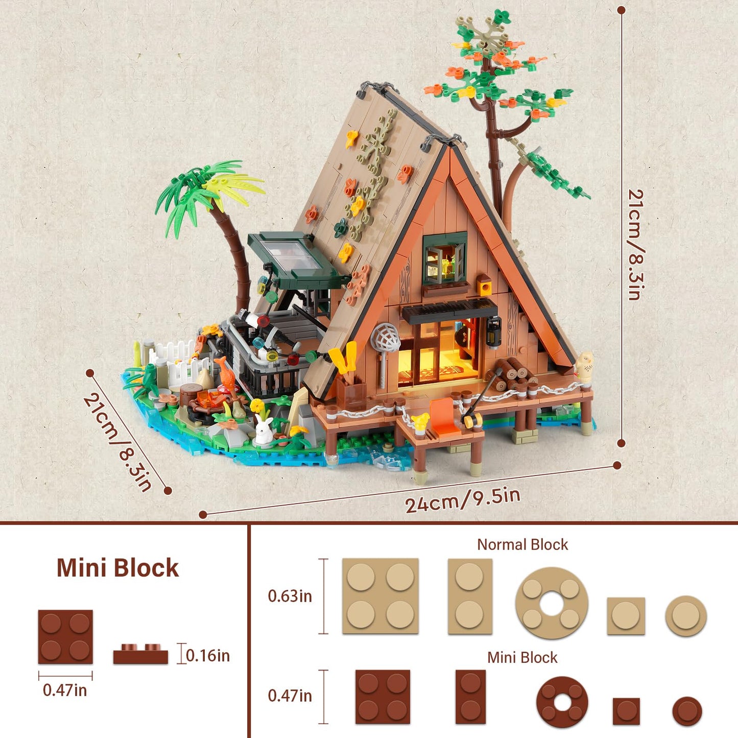 Vziimo A-Frame Cabin Building Set, MOC Ideas Cabin House Collectible Model Kit with LED for Adults and Kids Age 12+, Gifts for Nature and Architecture