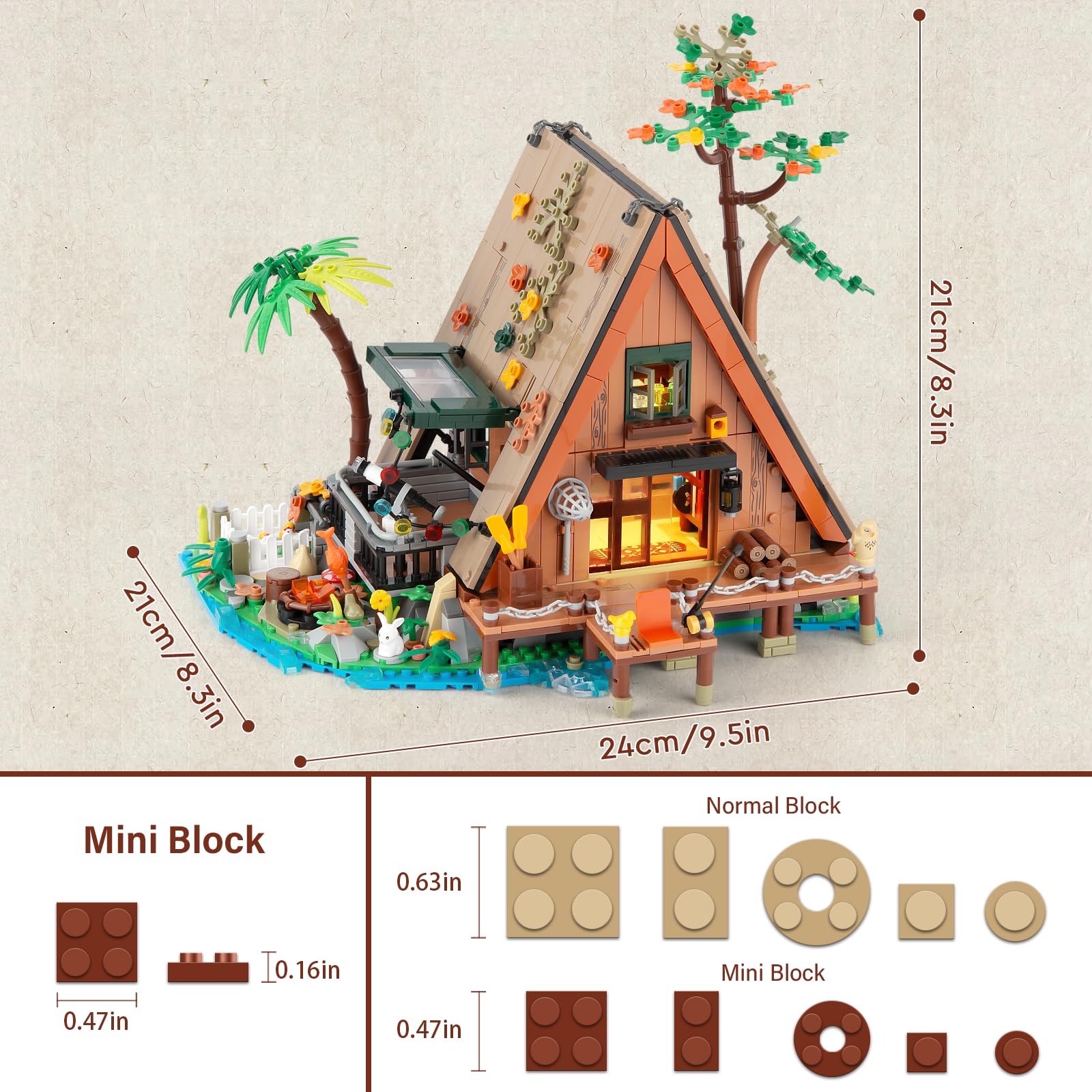 Vziimo A-Frame Cabin Building Set, MOC Ideas Cabin House Collectible Model Kit with LED for Adults and Kids Age 12+, Gifts for Nature and Architecture