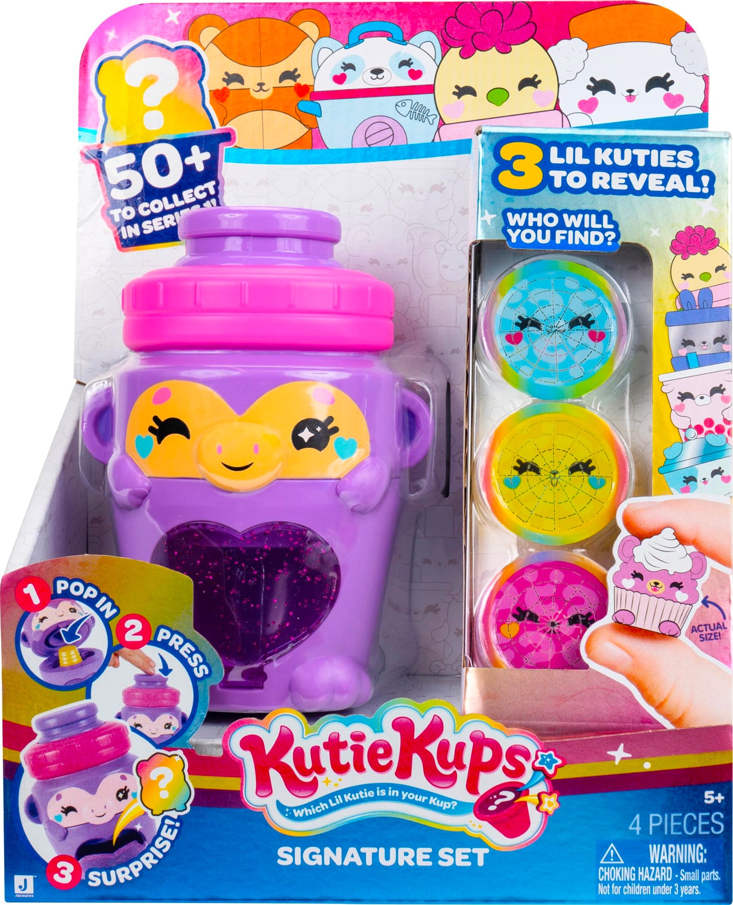 Kutie Kups - 4” Purple Water Bottle Monkey Kutie with 3 Kups Featuring 1.5” Surprise Collectible Lil Kutie Figures - Ages 5+