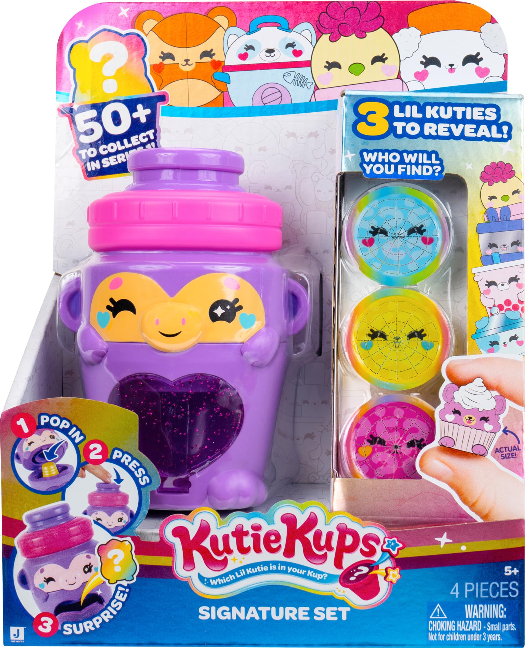 Kutie Kups - 4” Purple Water Bottle Monkey Kutie with 3 Kups Featuring 1.5” Surprise Collectible Lil Kutie Figures - Ages 5+