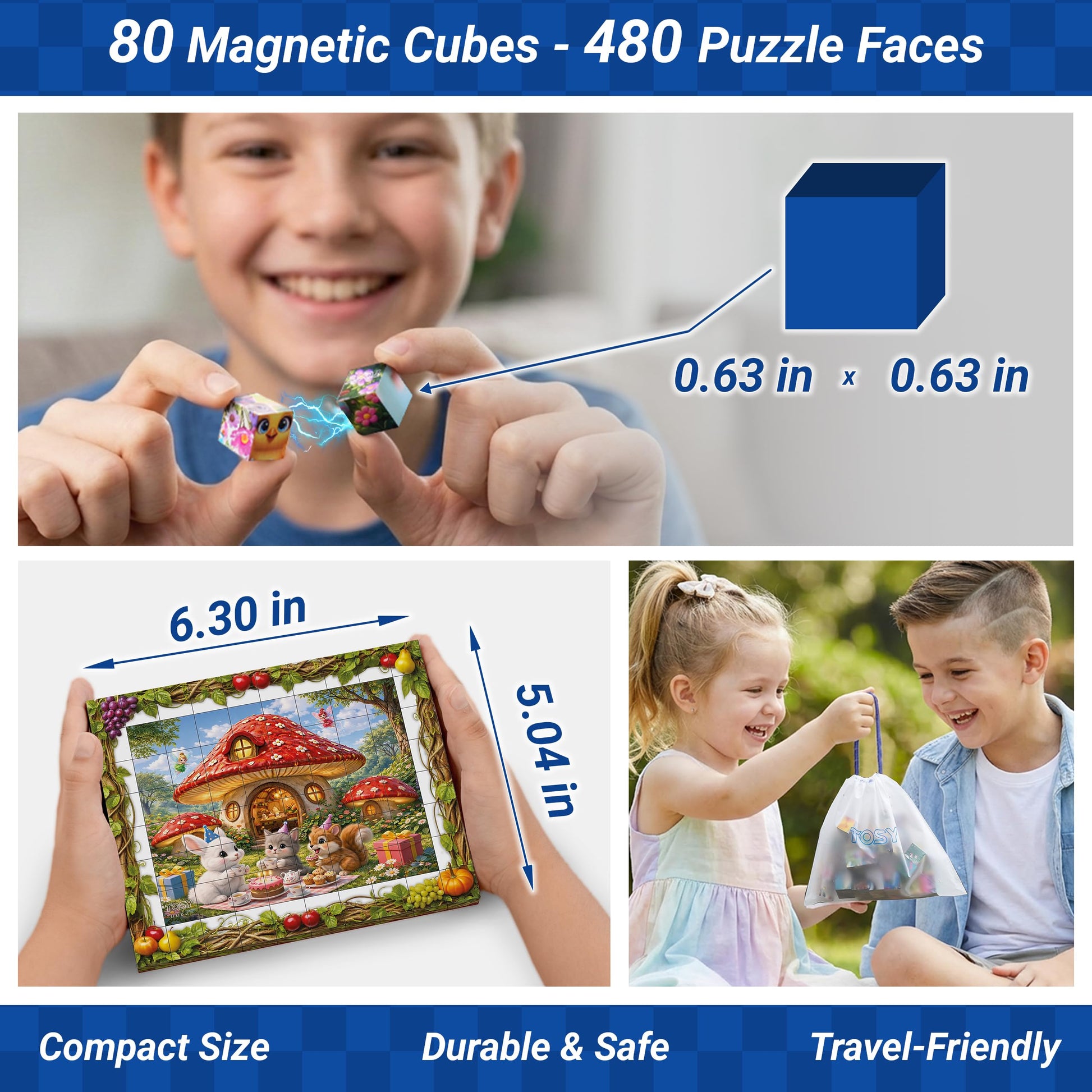 TOSY Picture Cube Fruity Wonderland: 6-in-1 Magnetic Picture Puzzle, 80 Blocks, 480 Puzzle Faces, 0.6in, B062, Seamless UV Art, Display-Ready Frame