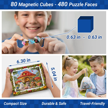 TOSY Picture Cube Fruity Wonderland: 6-in-1 Magnetic Picture Puzzle, 80 Blocks, 480 Puzzle Faces, 0.6in, B062, Seamless UV Art, Display-Ready Frame