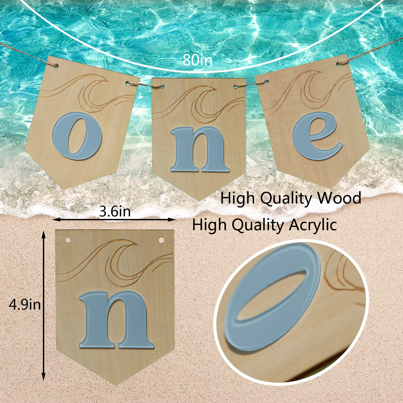 Lintran Surf Theme Wood One Banner - Wooden Letters Banner for 1st Birthday, High Chair Decoration