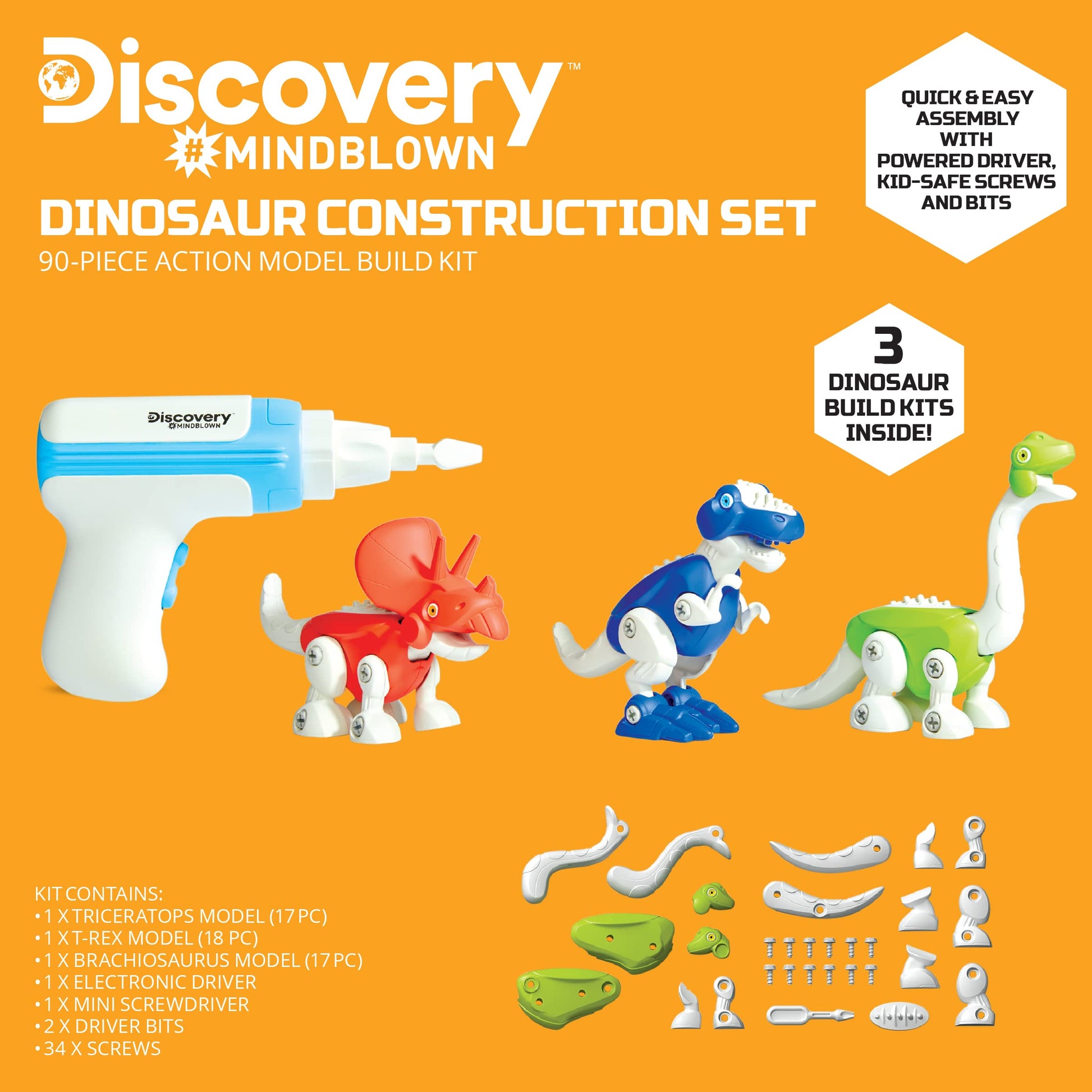Discovery™ Dinosaur Construction Set, 90-Piece Action Model Build Kit, Kid-Safe Electronic Tools & Screws, Create T-Rex Triceratops, Prehistoric