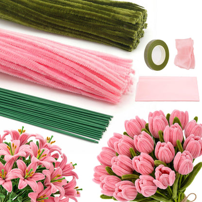 iCraftine Pipe Cleaner Flower Kit, Including Pink and Green Chenille Stems, Floral Stem, Gardening Tape, Ribbon for Making Flower Bouquet